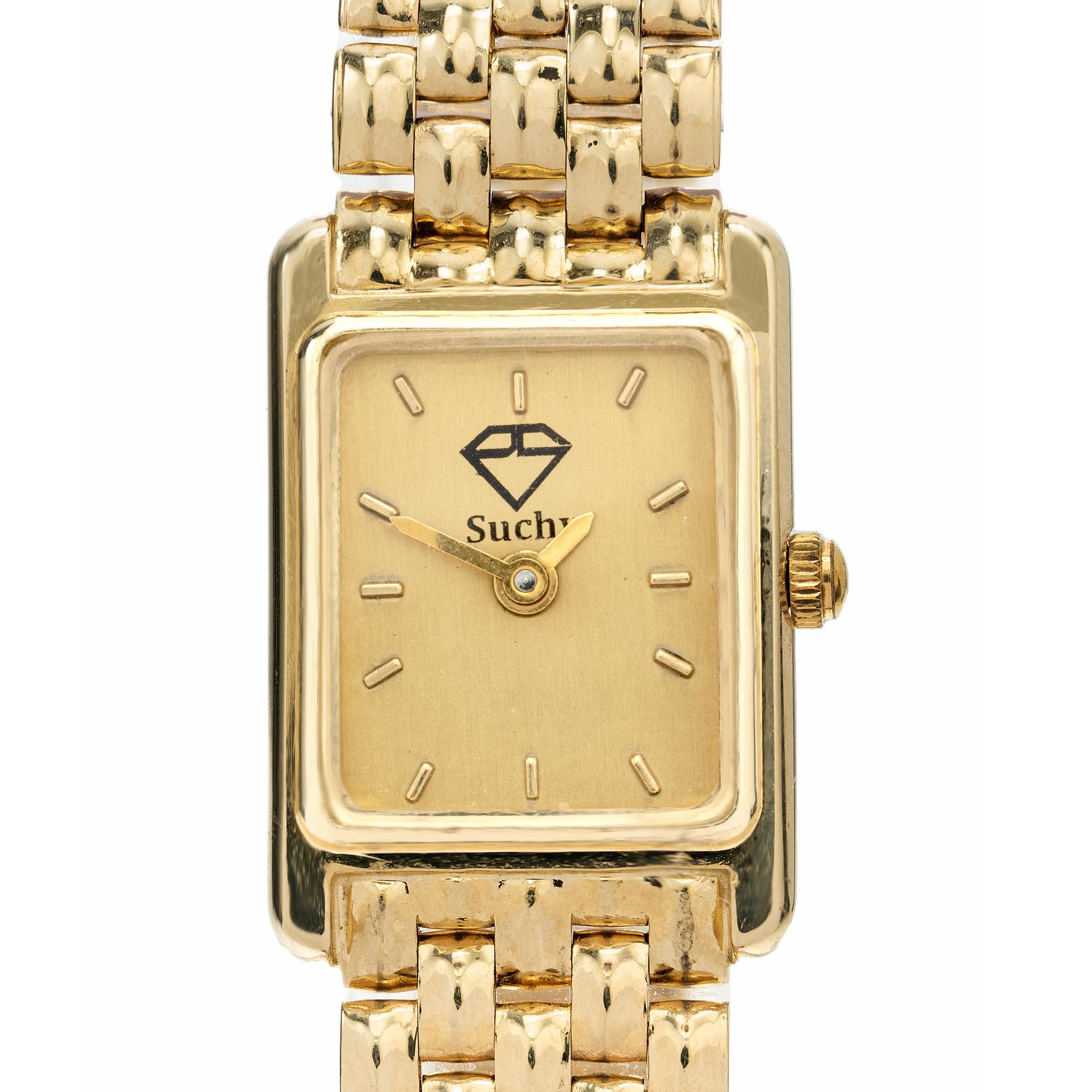 Classic ladies rectangular tank watch with a five row full length 14k panther band and gold tone dial. Reliable Swiss ETA quartz movement and at a current length of 7.5 inches. This watch has a sleek custom black “Suchy” logo positioned under the 12