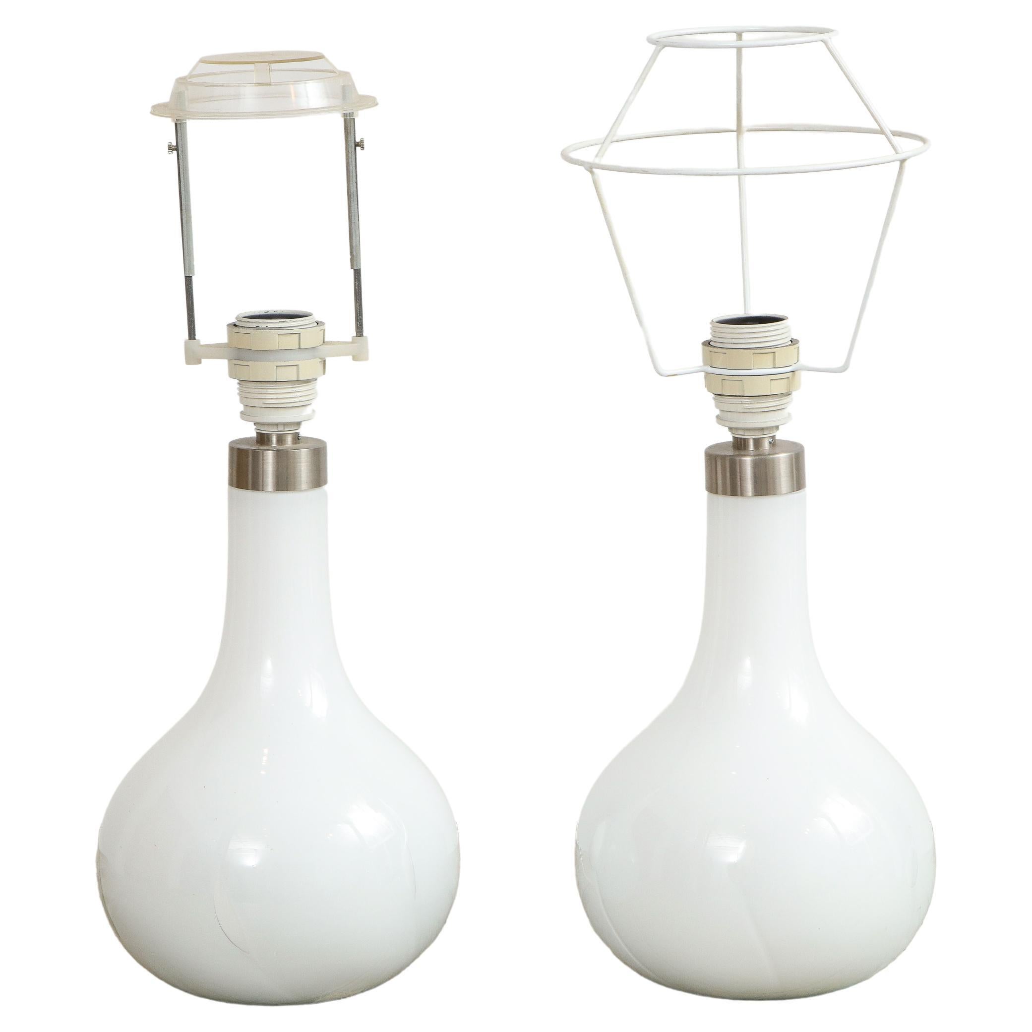 Peter Svarrer, Hand-blown White Milk Glass + Brass "Helios" Table Lamps, Denmark For Sale