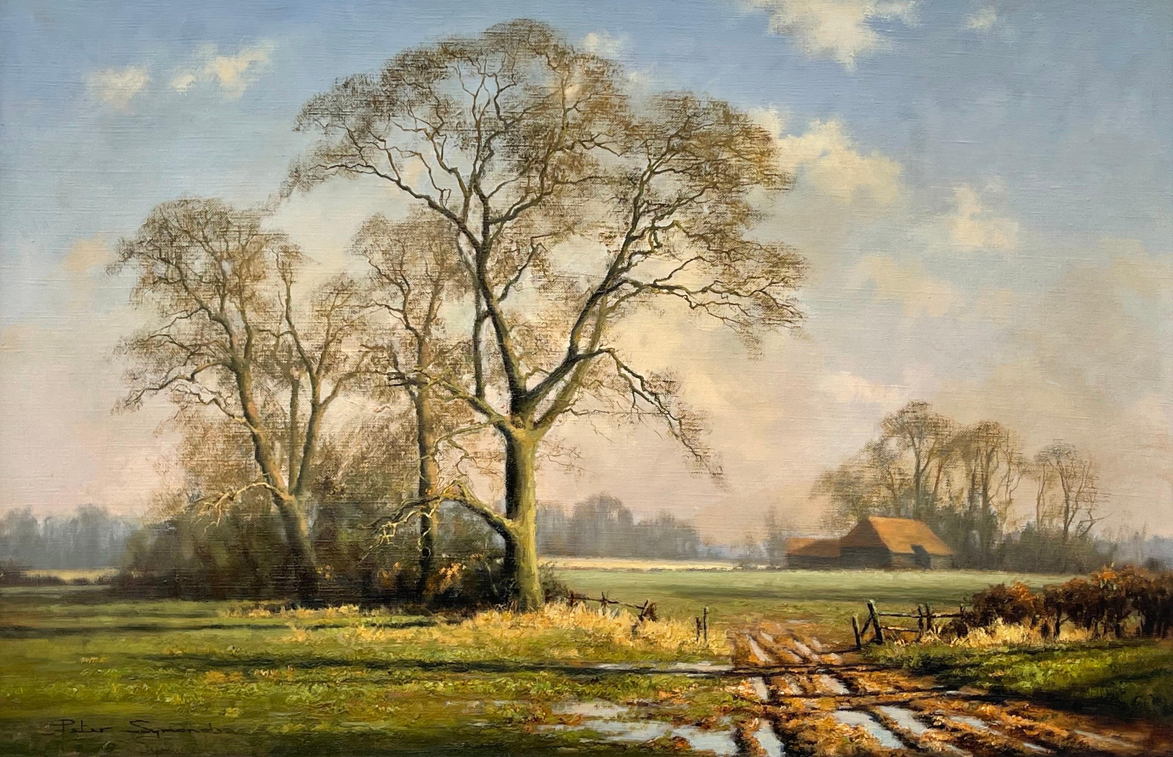 Peinture à l'huile d'une scène d'hiver rurale avec des arbres de chêne en Angleterre par un artiste britannique en vente 7