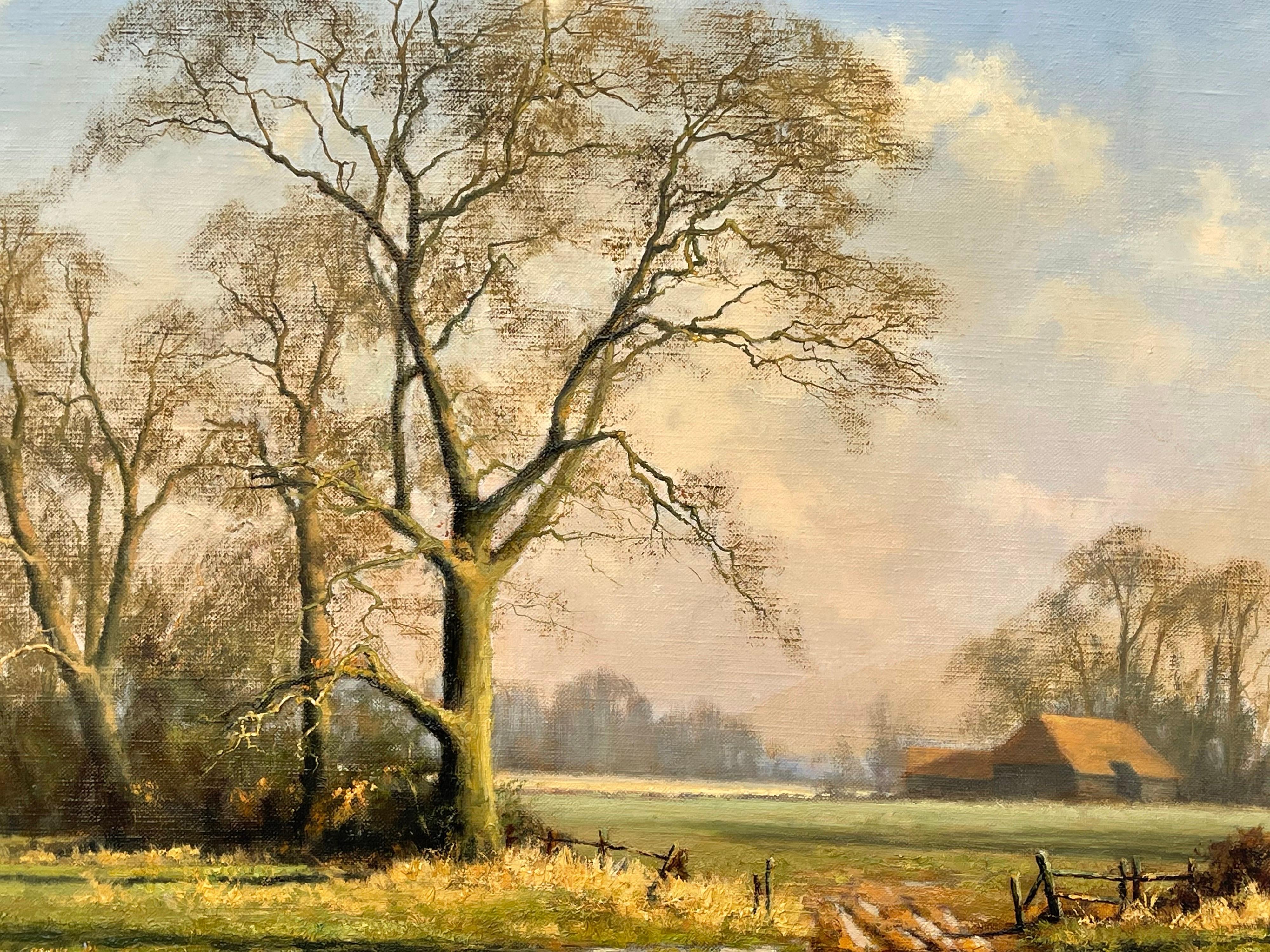 Peinture à l'huile d'une scène d'hiver rurale avec des arbres de chêne en Angleterre par un artiste britannique en vente 9