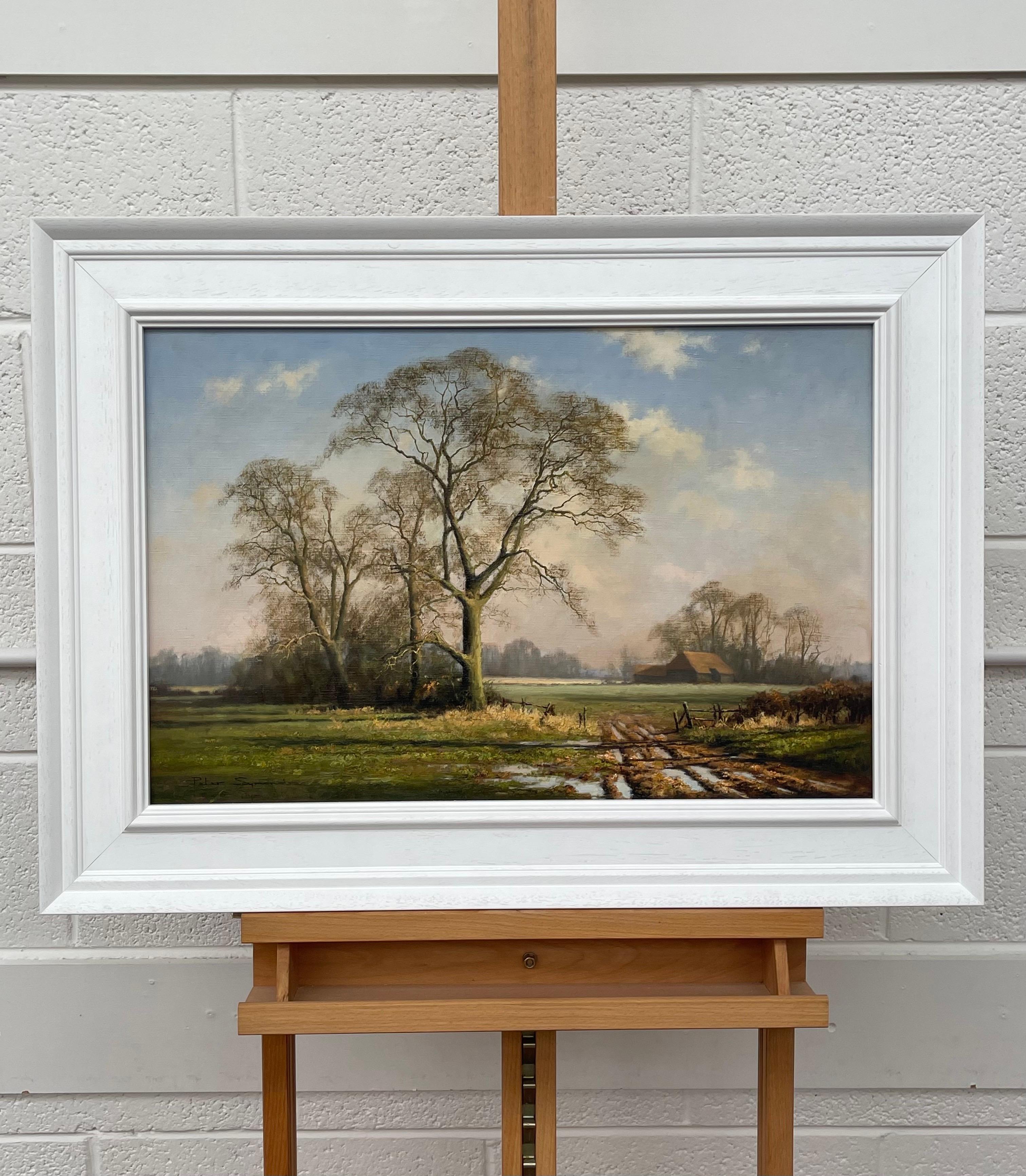 Oil Painting of Rural Winter Scene with Oak Trees in England by British Artist - Gray Landscape Painting by Peter Symonds
