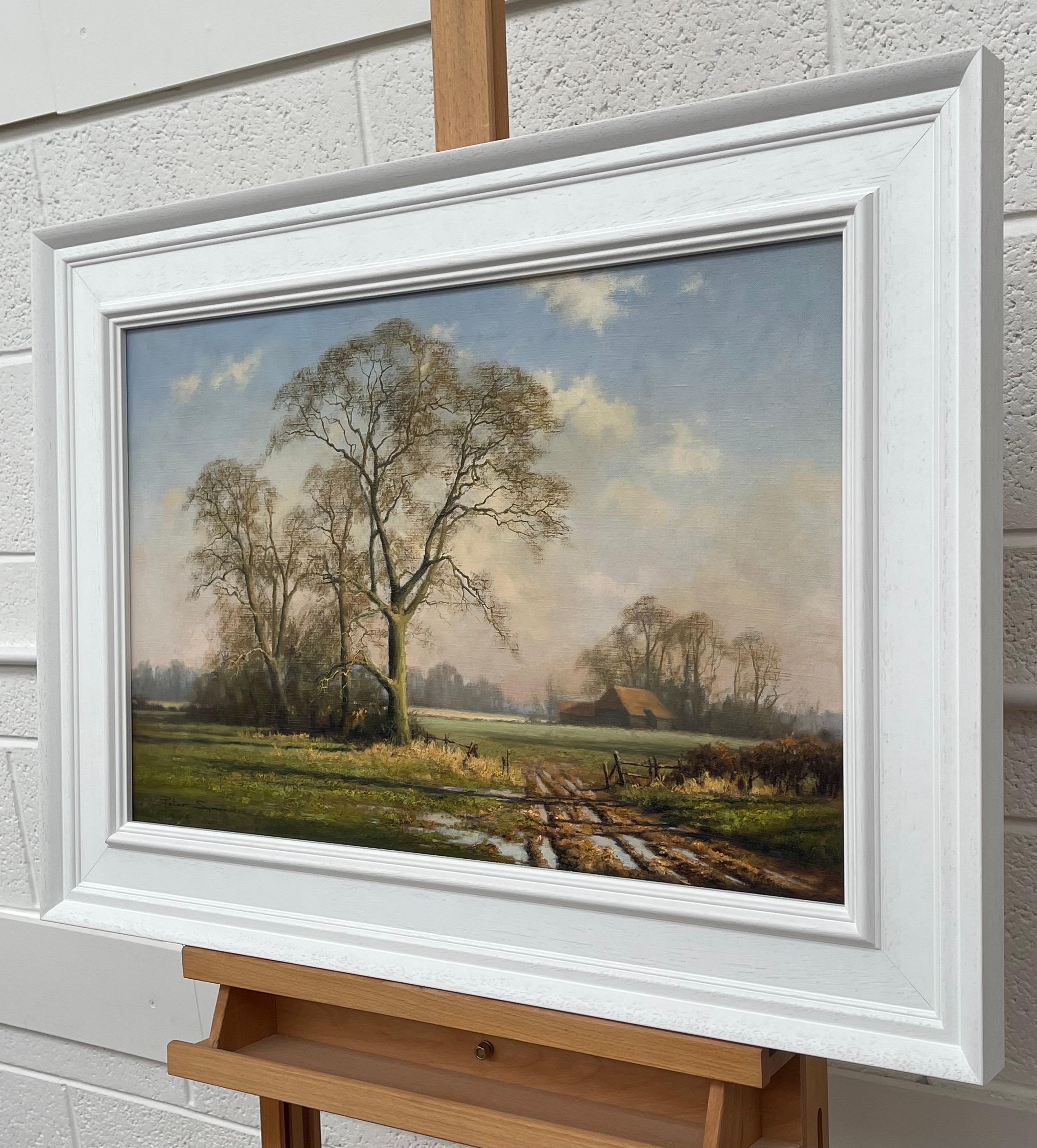 Peinture à l'huile d'une scène d'hiver rurale avec des arbres de chêne en Angleterre par un artiste britannique en vente 1