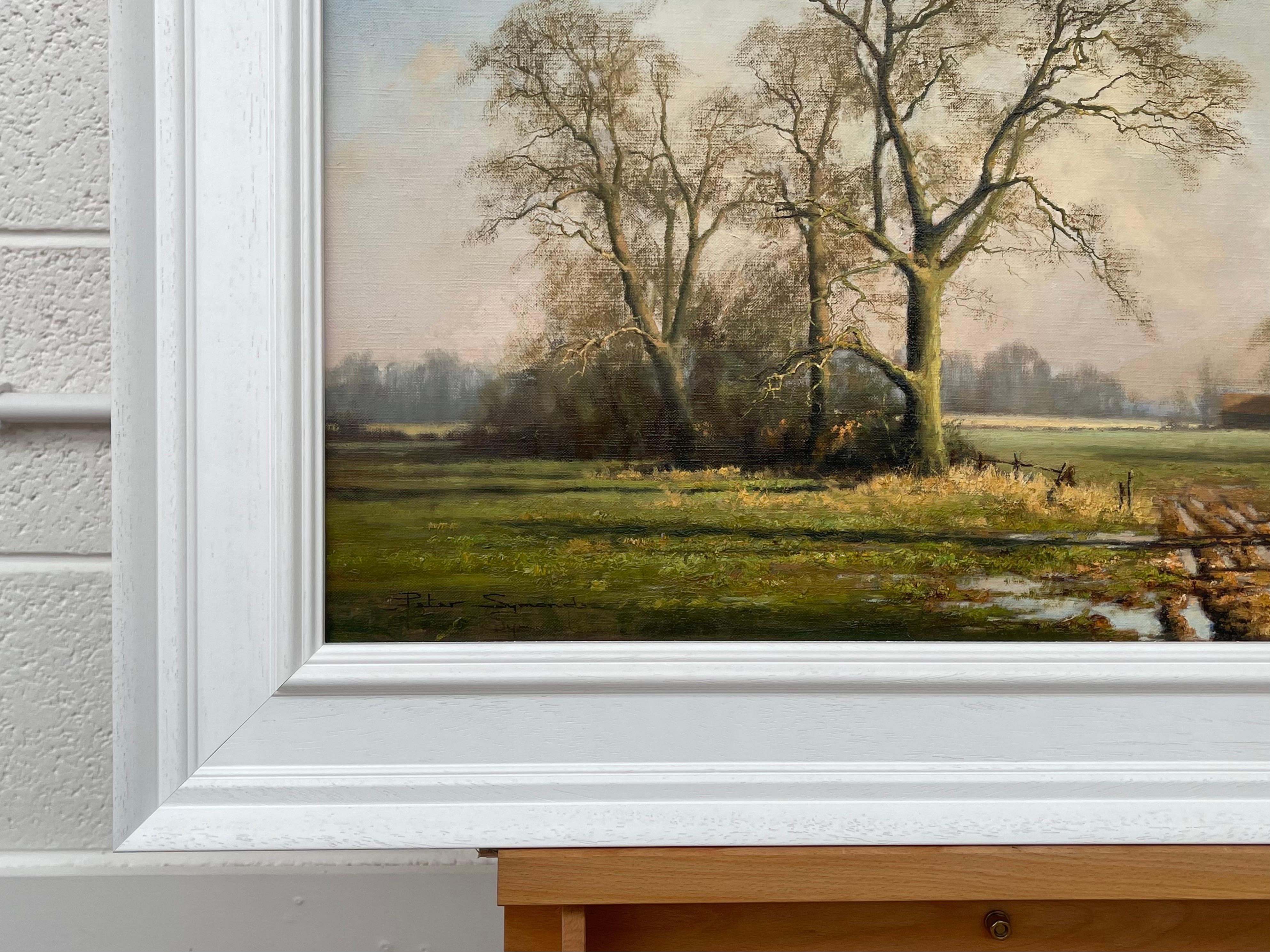 Peinture à l'huile d'une scène d'hiver rurale avec des arbres de chêne en Angleterre par un artiste britannique en vente 2