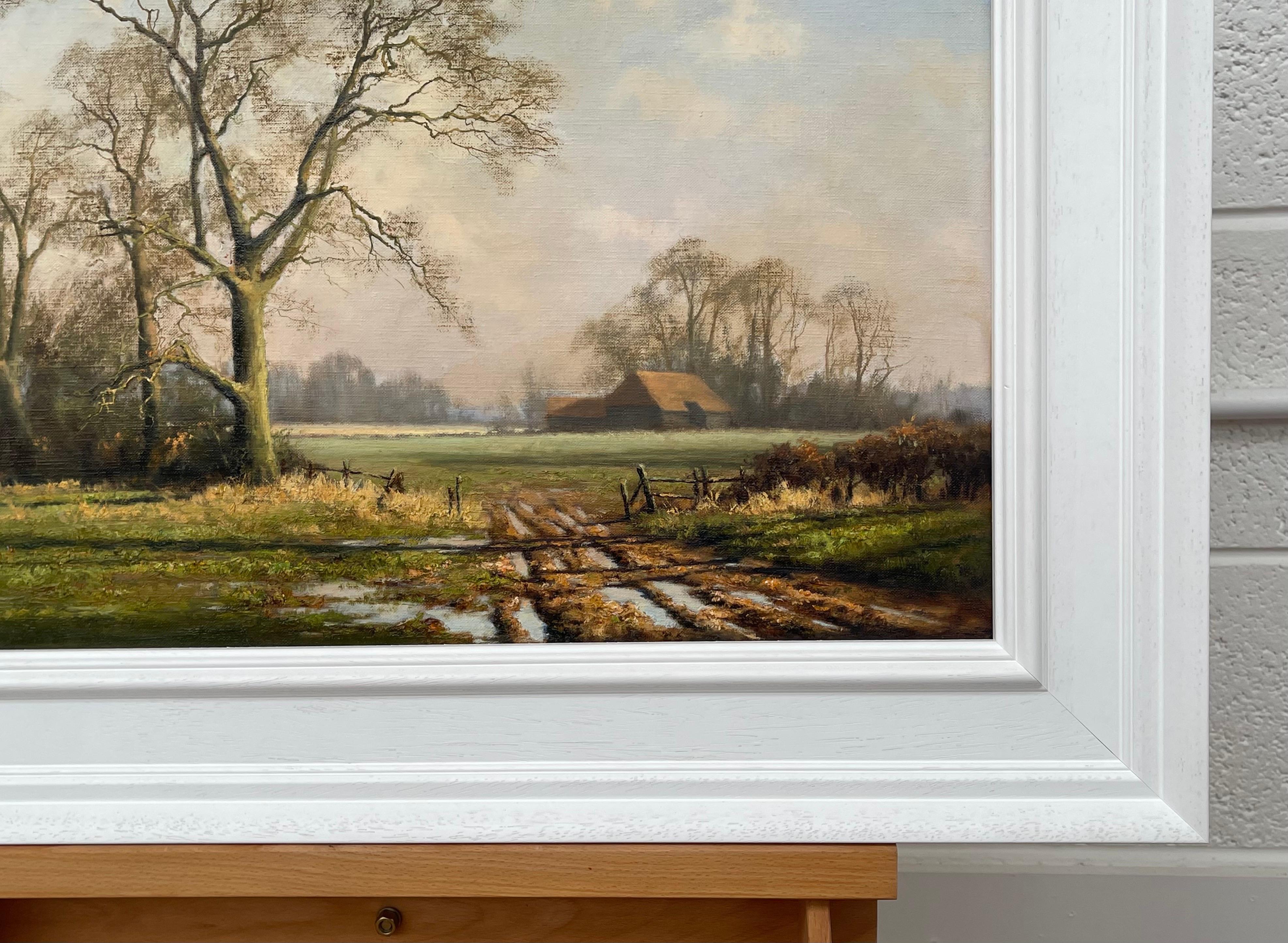 Peinture à l'huile d'une scène d'hiver rurale avec des arbres de chêne en Angleterre par un artiste britannique en vente 5