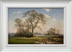 Oil Painting of Rural Winter Scene with Oak Trees in England by British Artist
