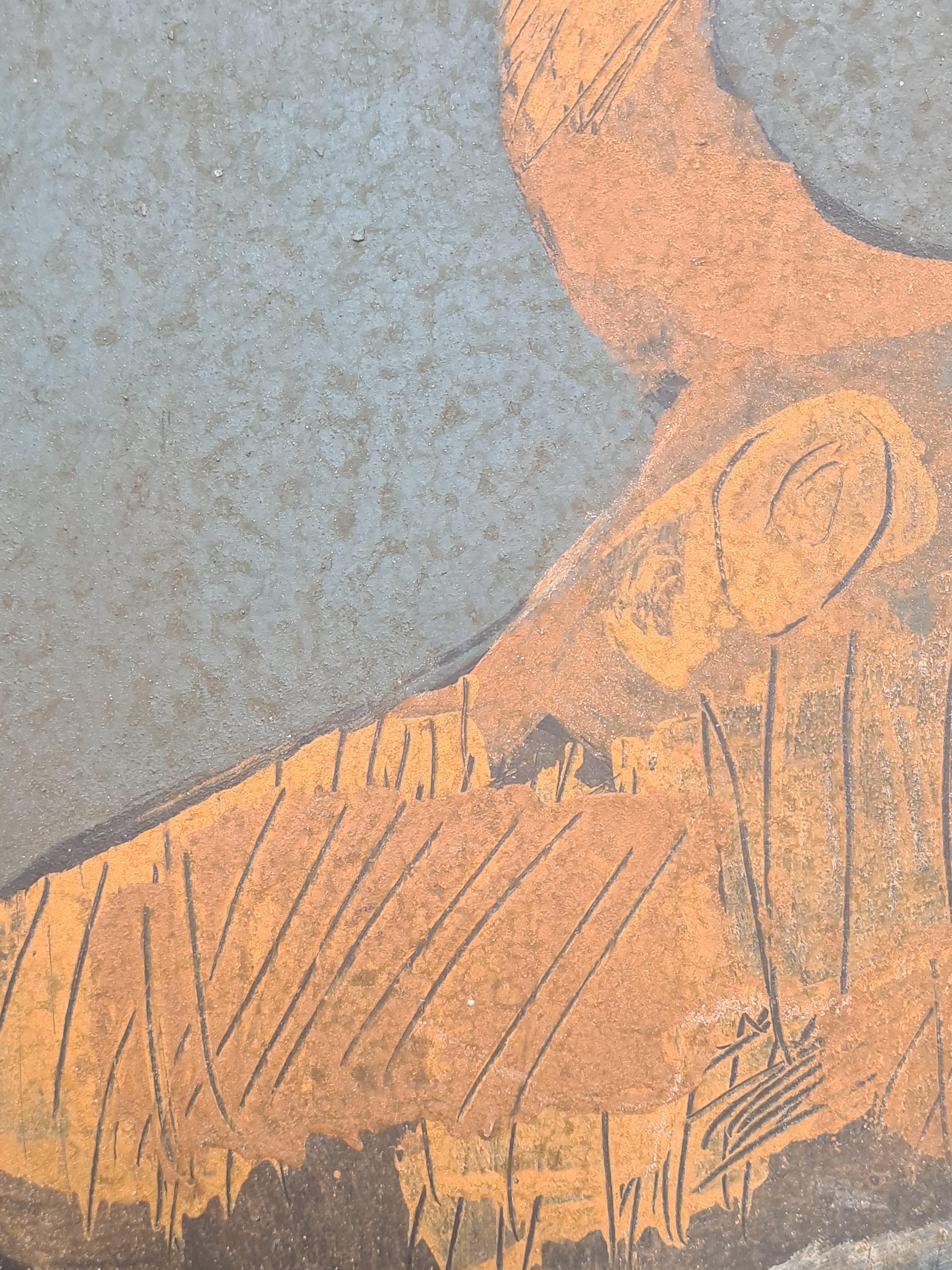 Nude female portrait in paint and sgraffito technique on board by Peter Szabo. The work is signed to the back and with a dedication. presented with a plain baton wood surround.

This artwork features a reclining nude figure, rendered with a