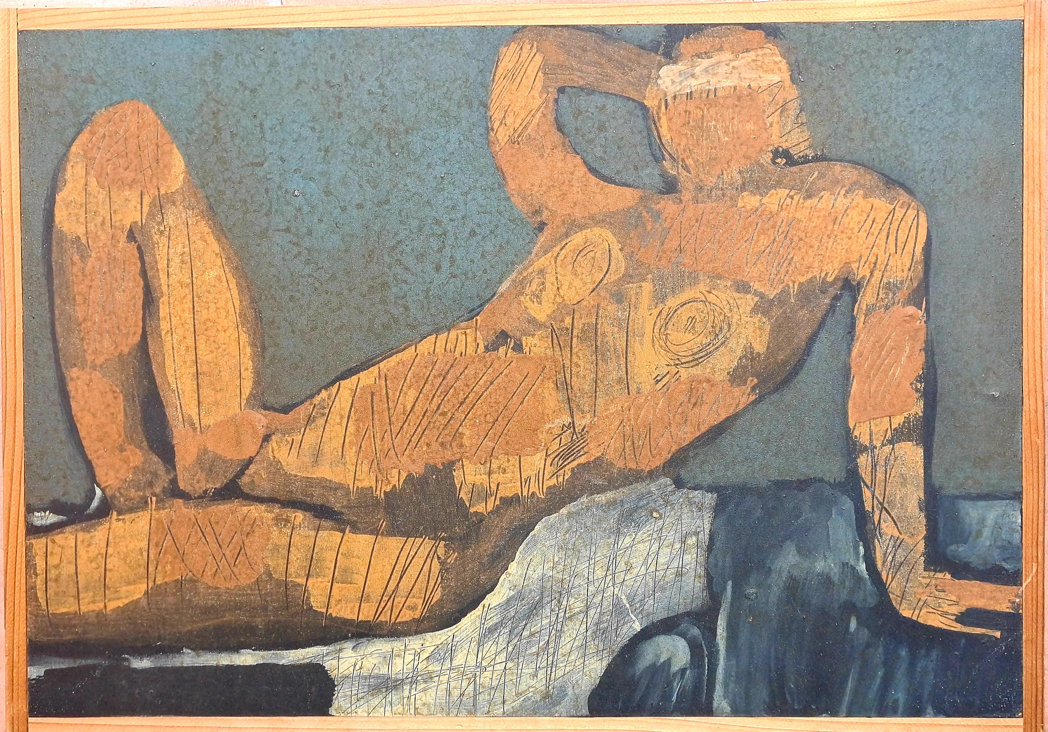 Nude Female Figure Reclining, Mixed Media, Femme Allongée