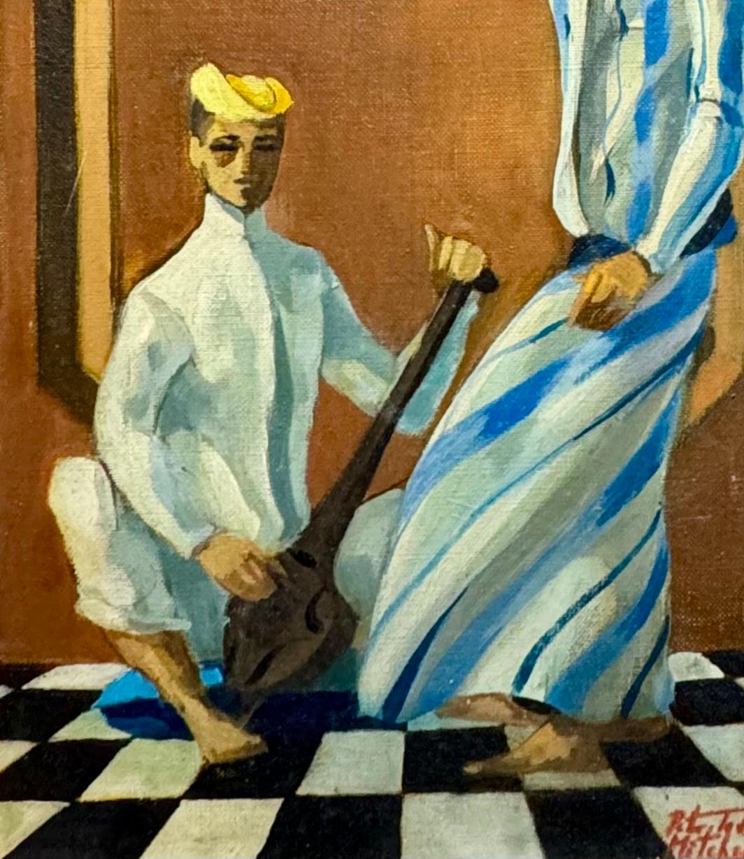 Peinture à l'huile orientaliste exotique américaine de MALE FIGURES du milieu du siècle dernier - Modernisme américain Painting par Peter Todd Mitchell