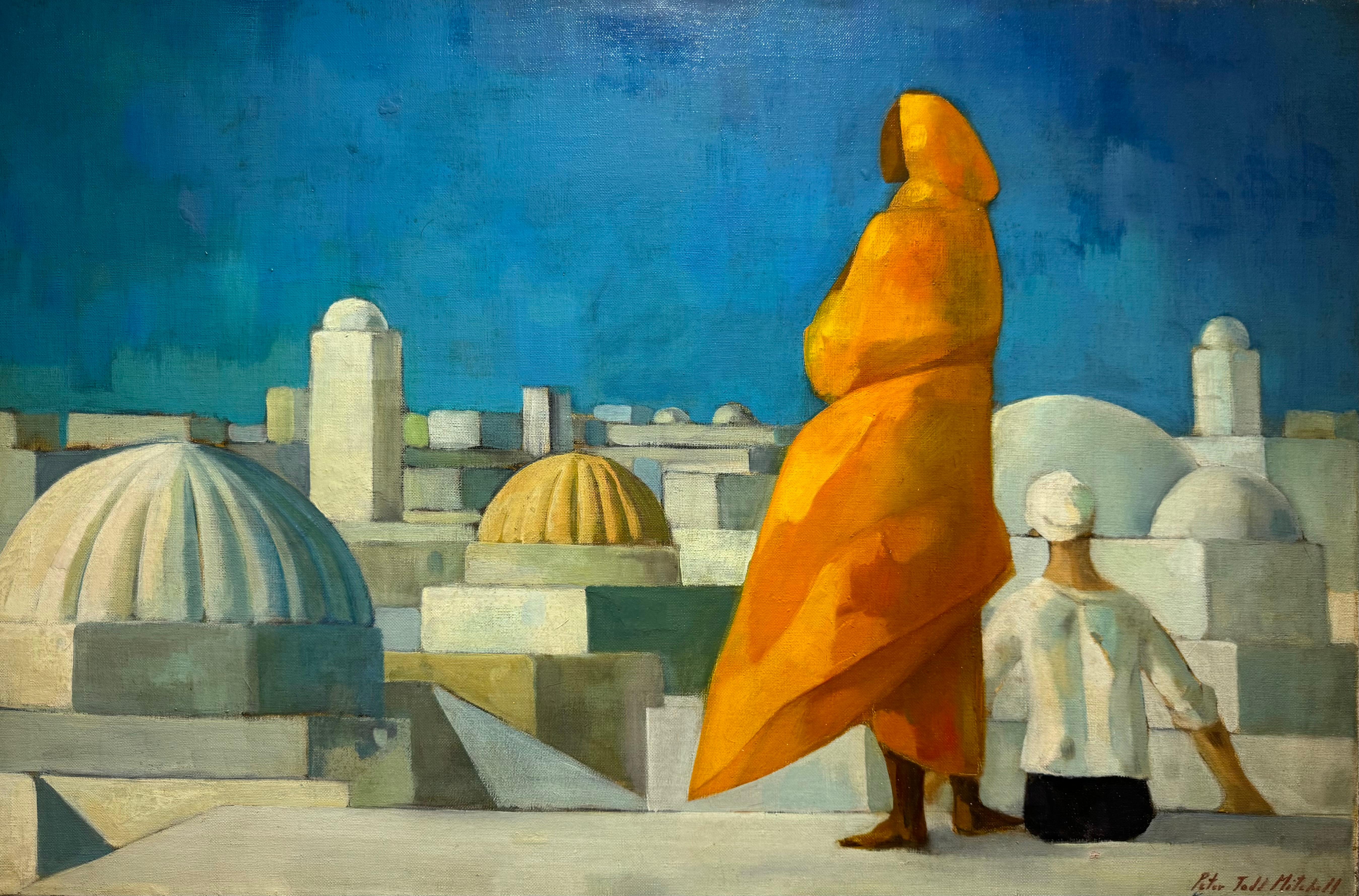Tetti orientalisti americani di metà secolo con figure esotiche CUBIST - Painting di Peter Todd Mitchell