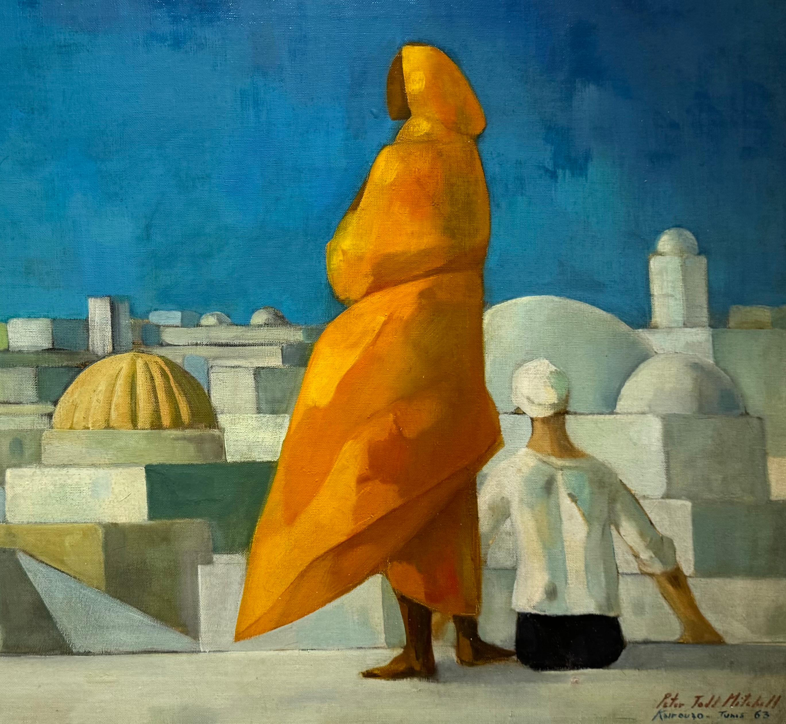 Tetti orientalisti americani di metà secolo con figure esotiche CUBIST - Painting American Modern di Peter Todd Mitchell