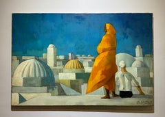Mid-Century American Orientalist Exotic CUBIST Rooftops with Figures
