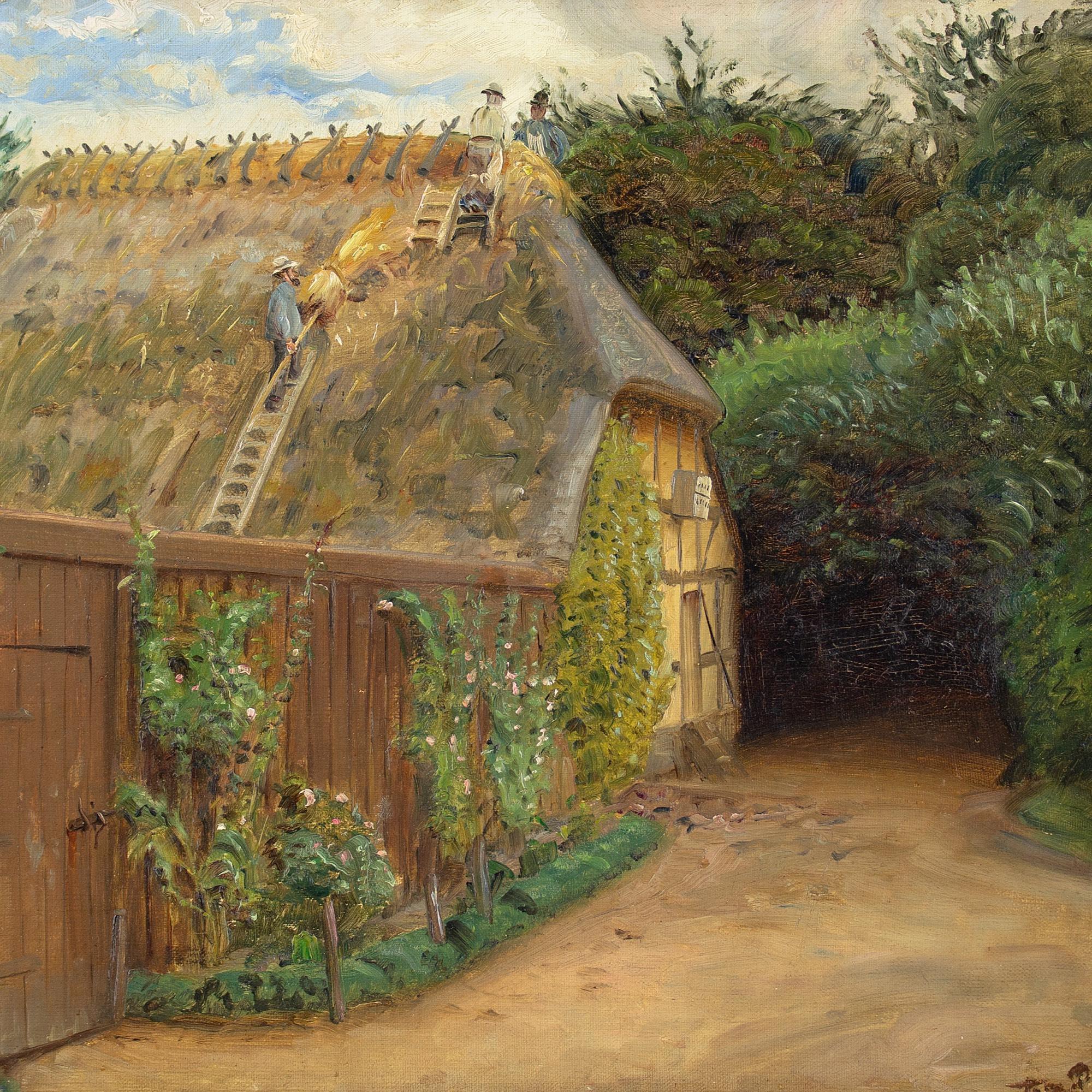 This early 20th-century oil painting by Danish artist Peter Tom-Petersen (1861-1926) depicts a view on the Brahetrolleborg estate.

Beyond a fence with climbing rose bushes, three men tend to an ailing thatch. Their work almost complete under the