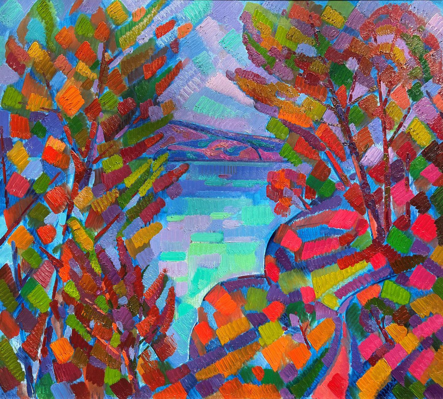 Peter Tovpev Landscape Painting - Autumn in the Dnieper, Post Impressionism Original oil Painting, Ready to Hang