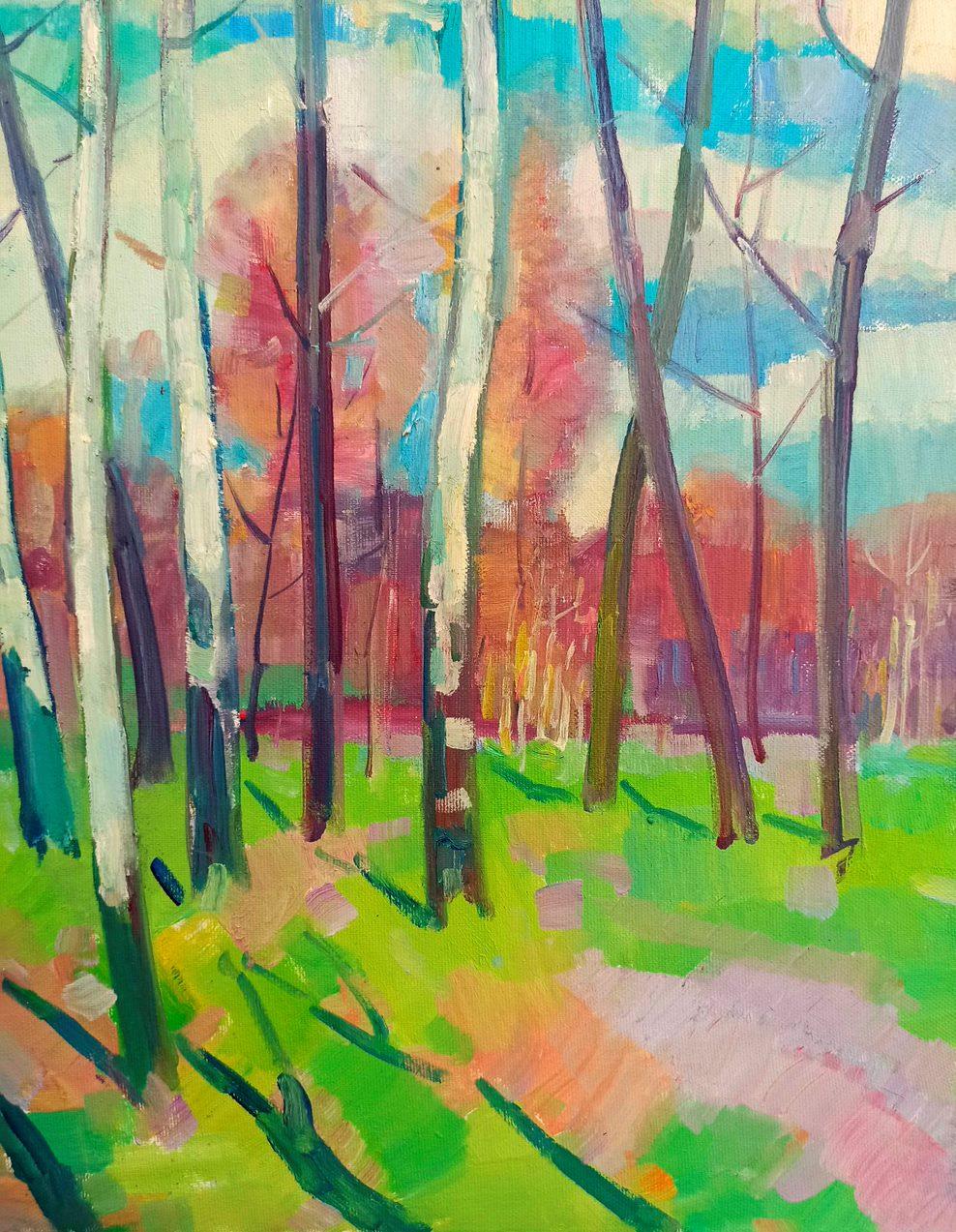 Birches Grove, Trees, Landscape, Original oil Painting, Ready to Hang - Gray Landscape Painting by Peter Tovpev