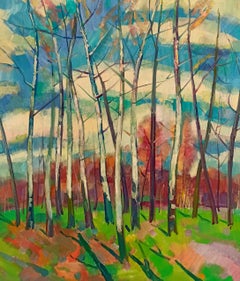 Birches Grove, arbres, paysage, peinture à l'huile originale, prête à être accrochée