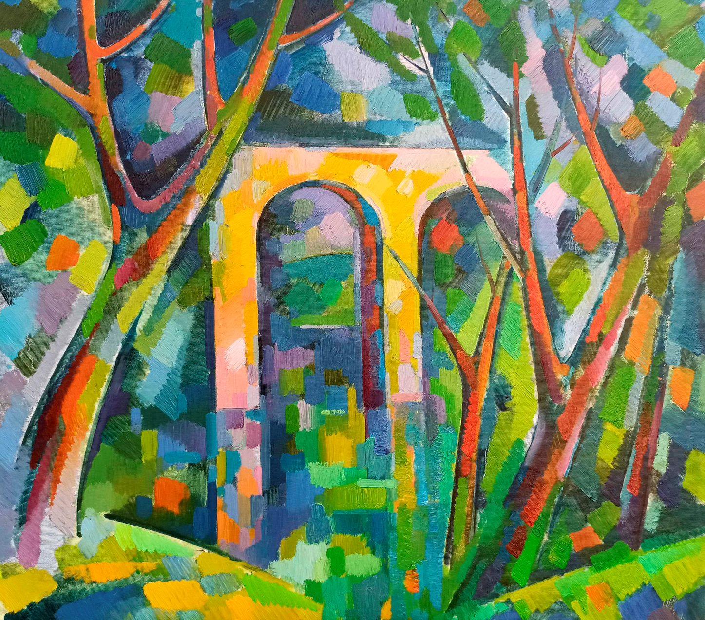 Bridge to the Forest, Postimpressionismus, Original-Ölgemälde in Öl, hängefertig