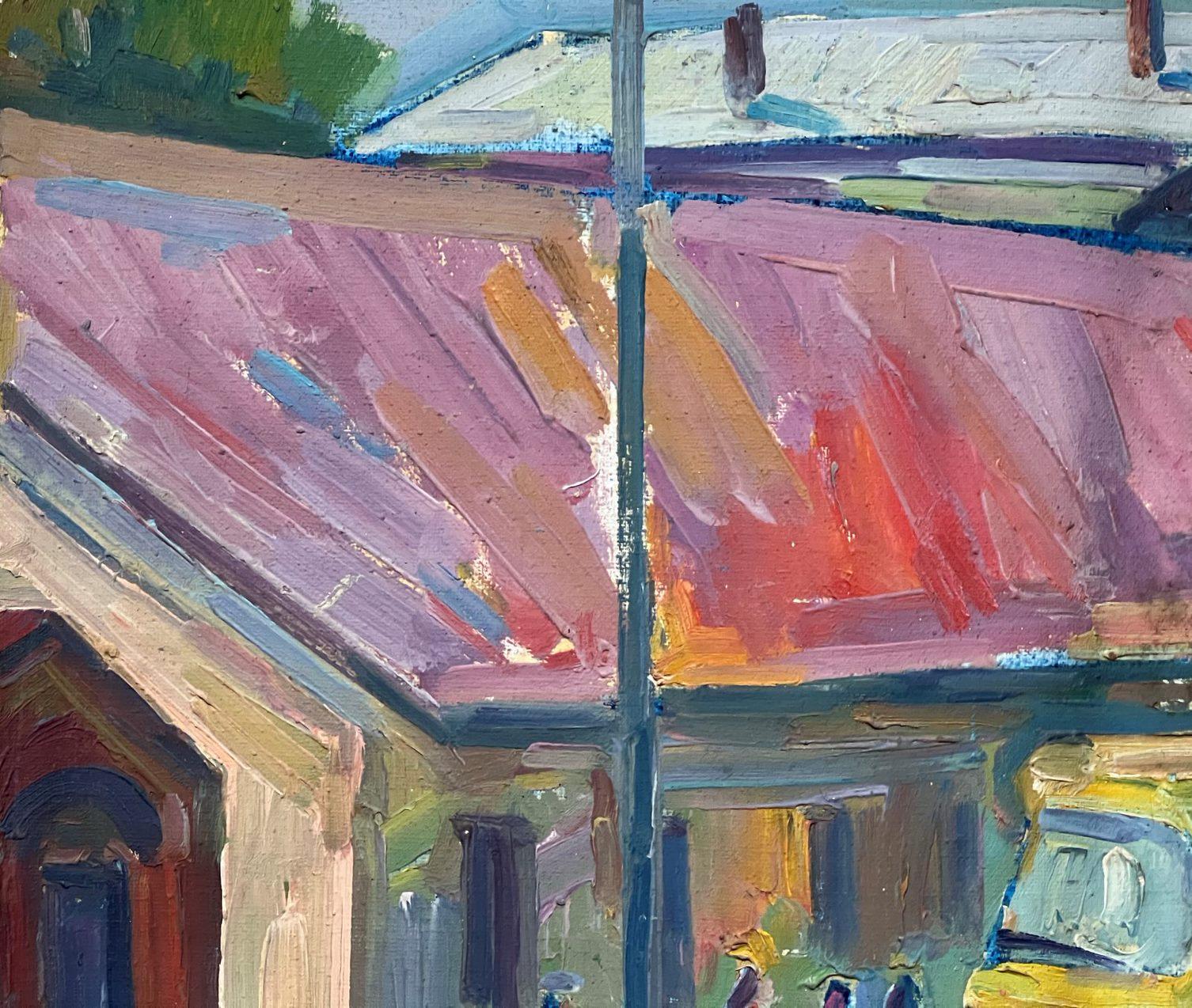Fermata dell'autobus, paesaggio urbano, Post Impressionismo Pittura ad olio originale, pronta da appendere in vendita 2