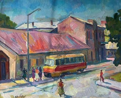 Bus Stop, paysage urbain, peinture à l'huile originale, prête à accrocher