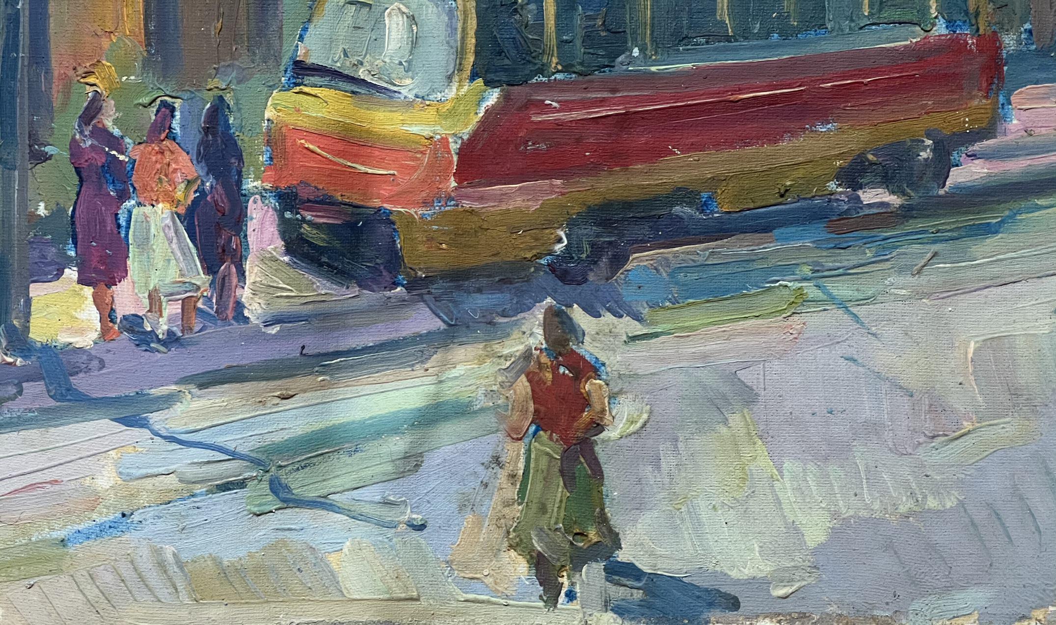 Fermata dell'autobus, paesaggio urbano, Post Impressionismo Pittura ad olio originale, pronta da appendere - Painting di Peter Tovpev