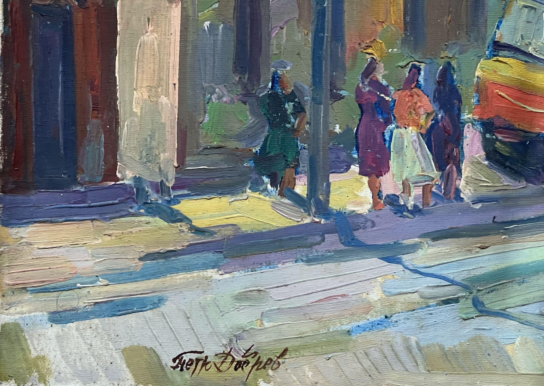 Fermata dell'autobus, paesaggio urbano, Post Impressionismo Pittura ad olio originale, pronta da appendere - Landscape Painting Grigio di Peter Tovpev