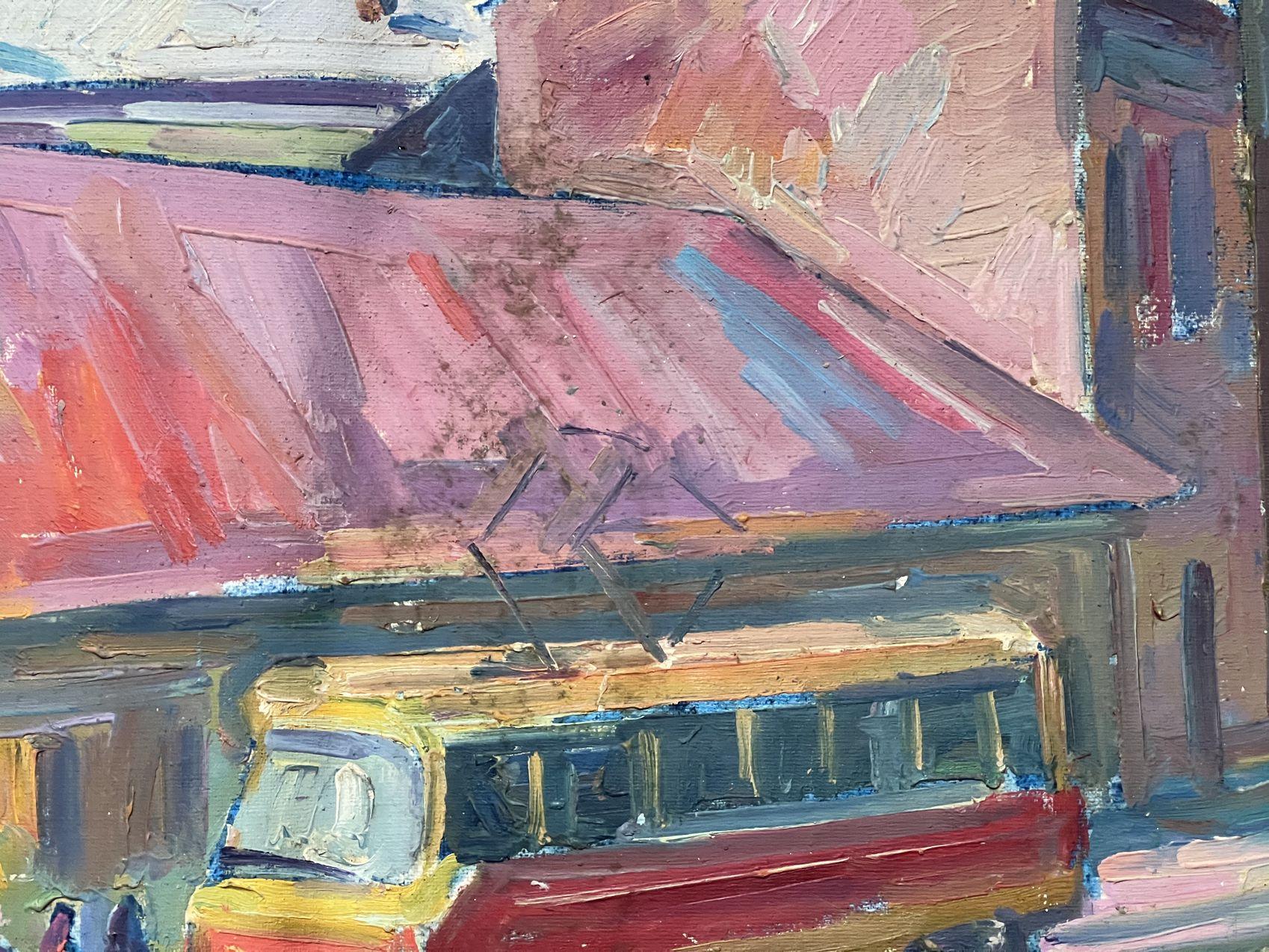 Fermata dell'autobus, paesaggio urbano, Post Impressionismo Pittura ad olio originale, pronta da appendere in vendita 1