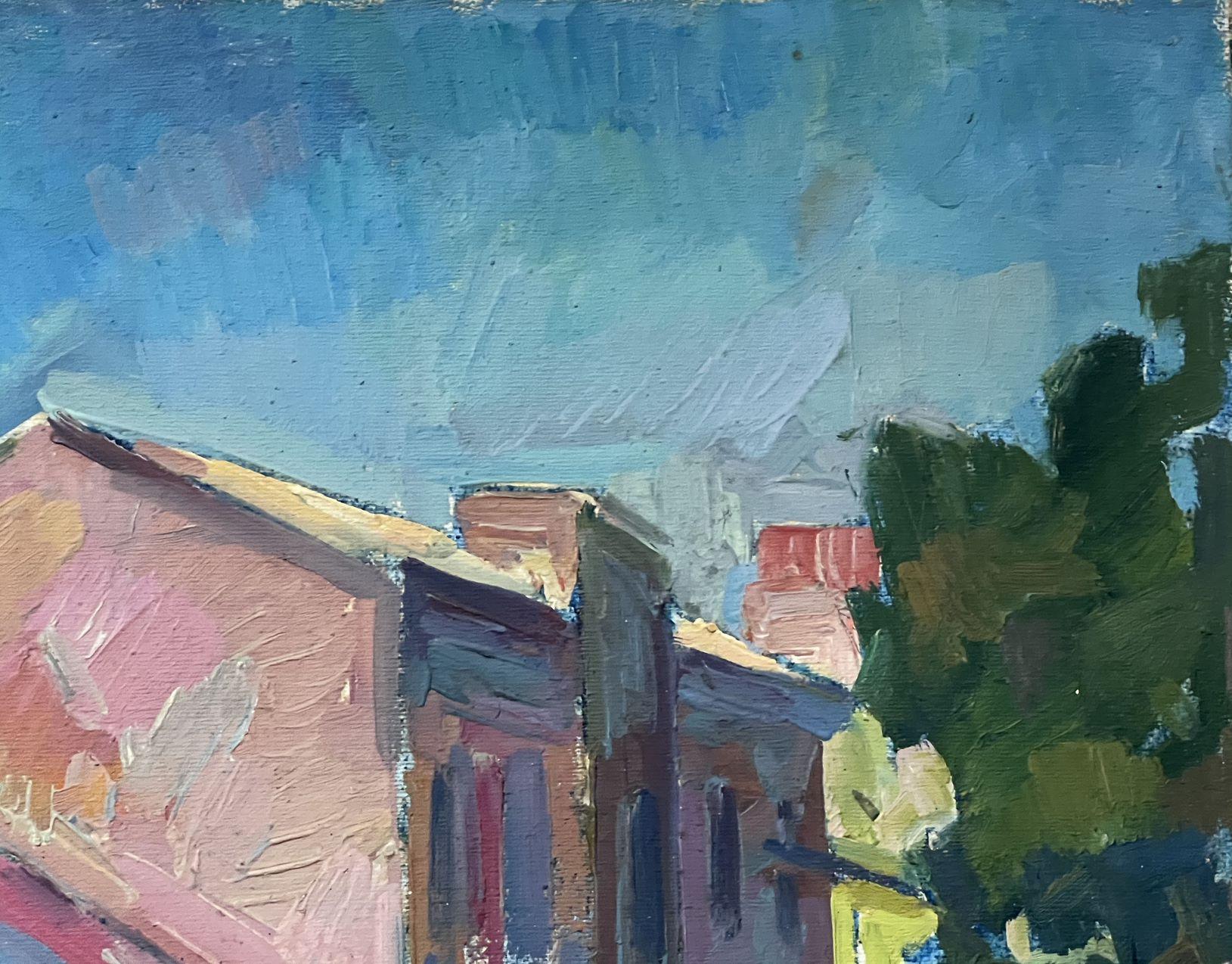 Fermata dell'autobus, paesaggio urbano, Post Impressionismo Pittura ad olio originale, pronta da appendere in vendita 3