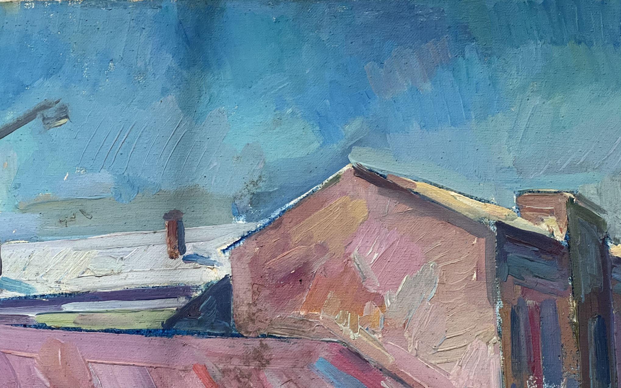 Fermata dell'autobus, paesaggio urbano, Post Impressionismo Pittura ad olio originale, pronta da appendere in vendita 4