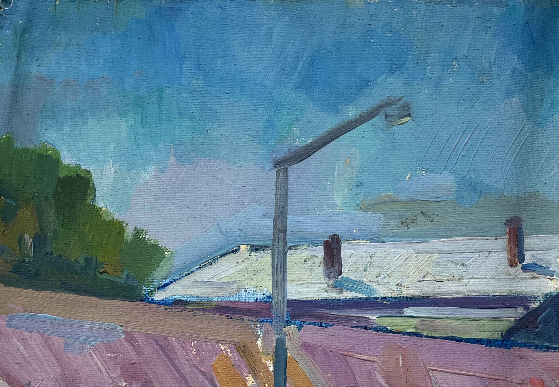 Fermata dell'autobus, paesaggio urbano, Post Impressionismo Pittura ad olio originale, pronta da appendere in vendita 5