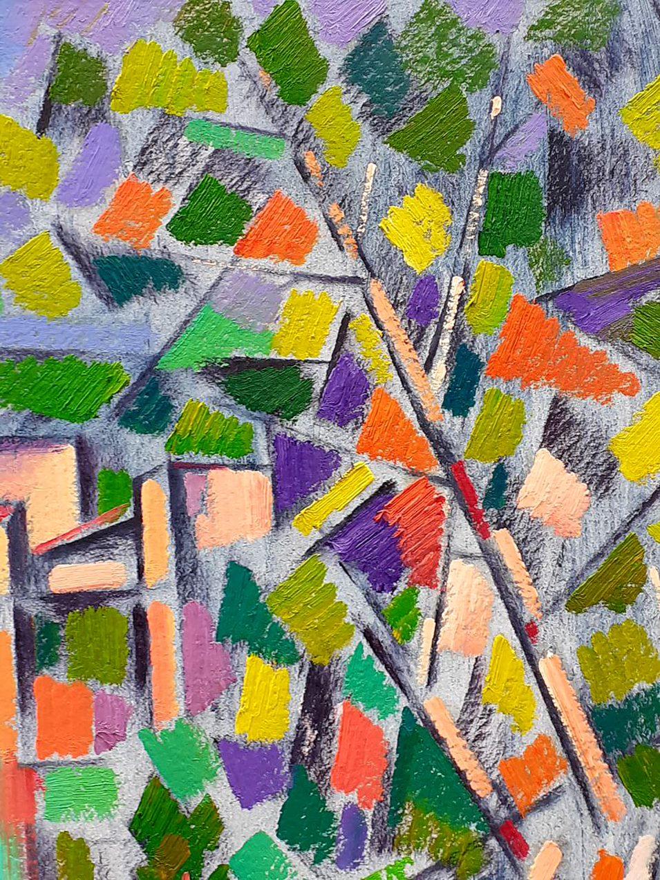 City behind the Trees, Abstract Cubism, Original oil Painting, Ready to Hang - Gray Landscape Painting by Peter Tovpev