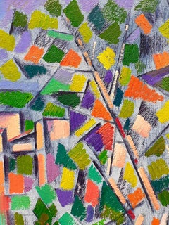 City behind the Trees, Abstract Cubism, Original oil Painting, Ready to Hang