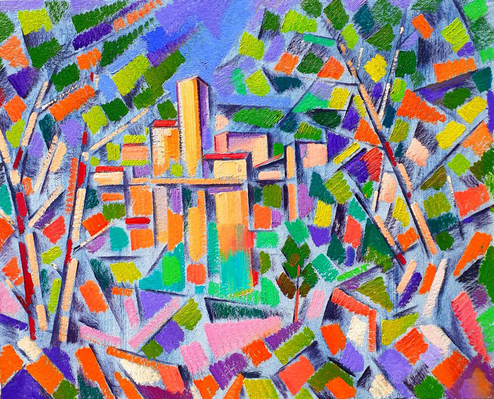 City behind the Trees, Original oil Painting, Ready to Hang