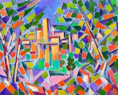 City behind the Trees, Abstract Cubism, Original oil Painting, Ready to Hang
