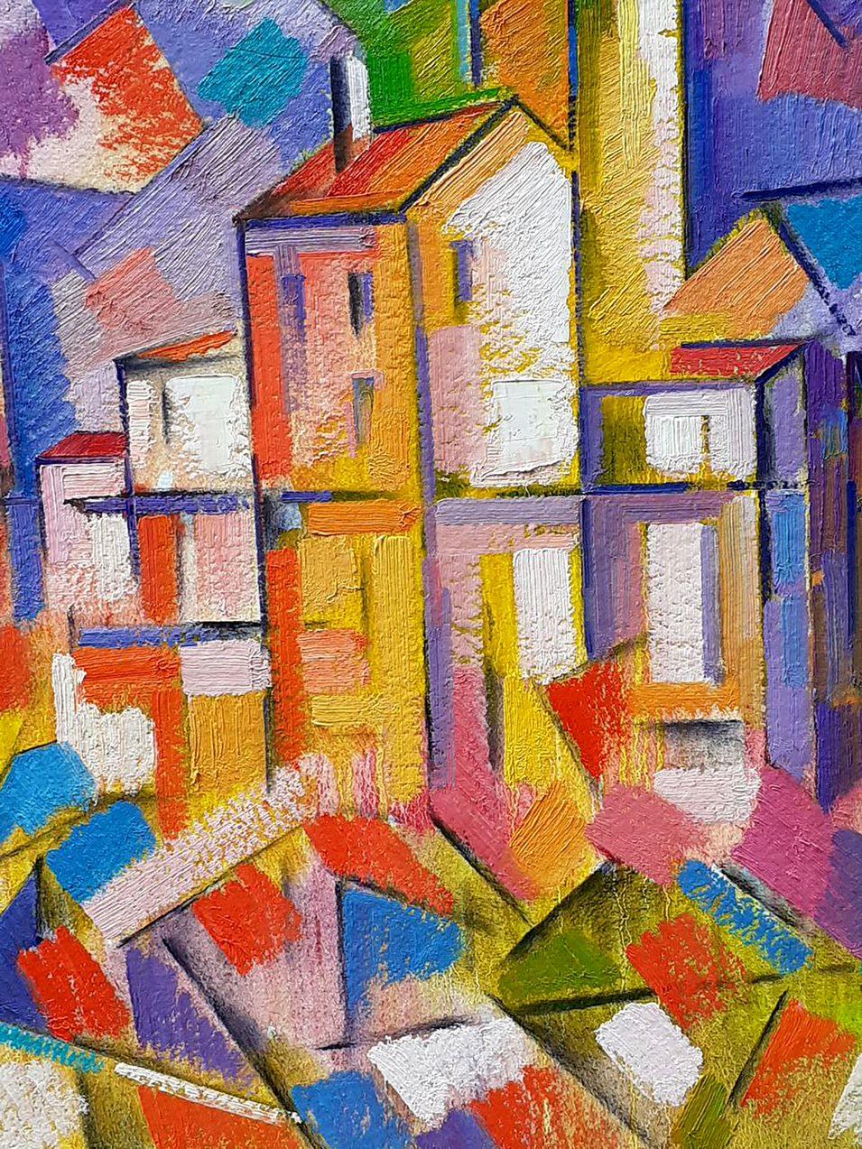 Artist: Peter Tovpev
Work: Original oil painting, handmade artwork, one of a kind 
Medium: Oil on Canvas 
Year: 2002
Style: Cubism
Title: City
Size: 29.5