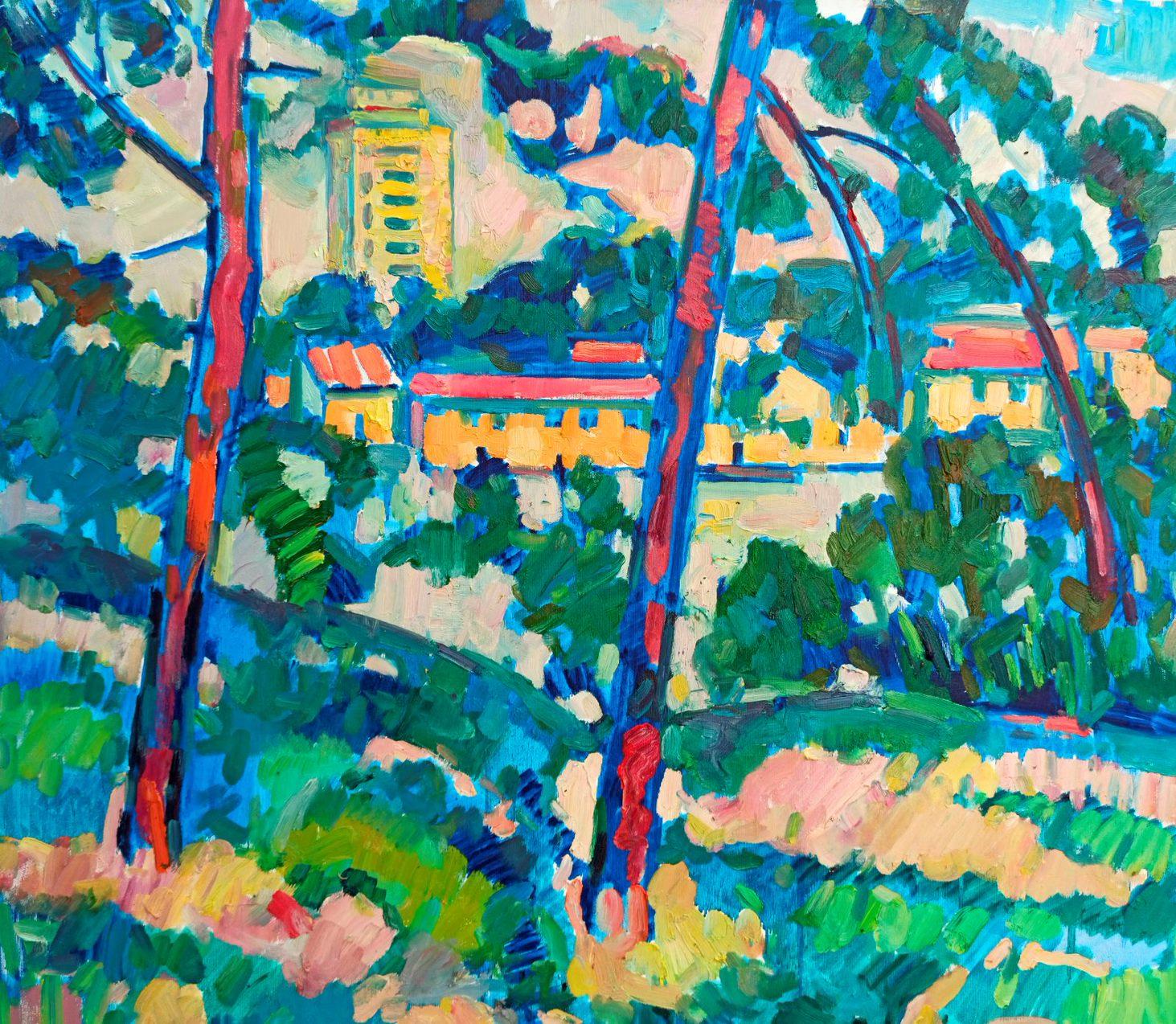 Landscape Painting de Peter Tovpev - Vista de la ciudad, Impresionismo paisajístico, Pintura al óleo original, Lista para colgar