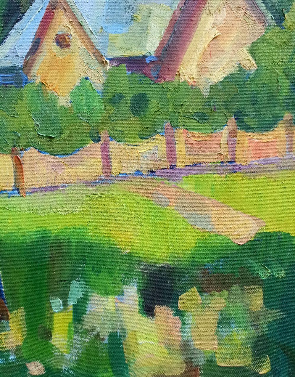 Artist: Peter Tovpev
Work: Original oil painting, handmade artwork, one of a kind 
Medium: Oil on Canvas 
Year: 2017
Style: Post  Impressionism
Title: Country Houses
Size: 25.5