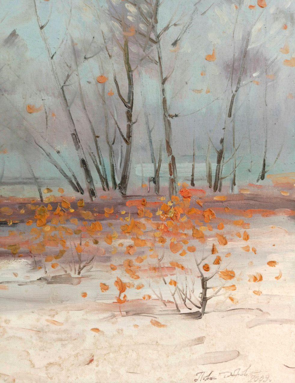 Early Winter, Impressionism, Original oil Painting, Ready to Hang - Beige Landscape Painting by Peter Tovpev