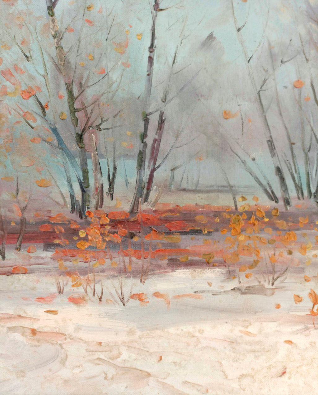 Artist: Peter Tovpev
Work: Original oil painting, handmade artwork, one of a kind 
Medium: Oil on Canvas 
Year: 2023
Style: Impressionism
Title: Early Winter
Size: 21.5