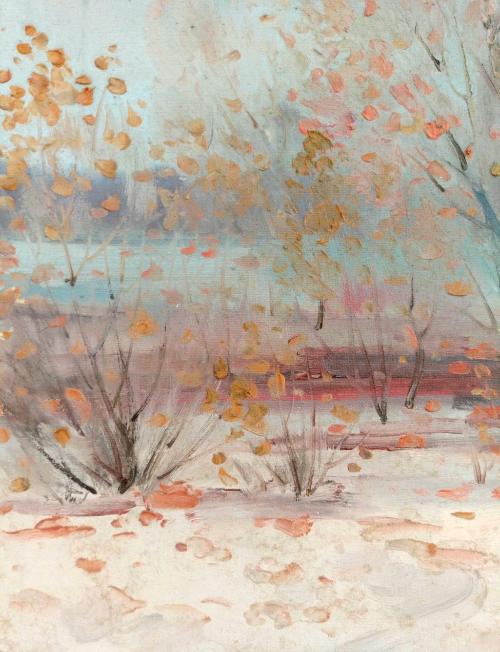 A. Winter, Paesaggio impressionista, Pittura ad olio originale, pronta da appendere - Landscape Painting Beige di Peter Tovpev
