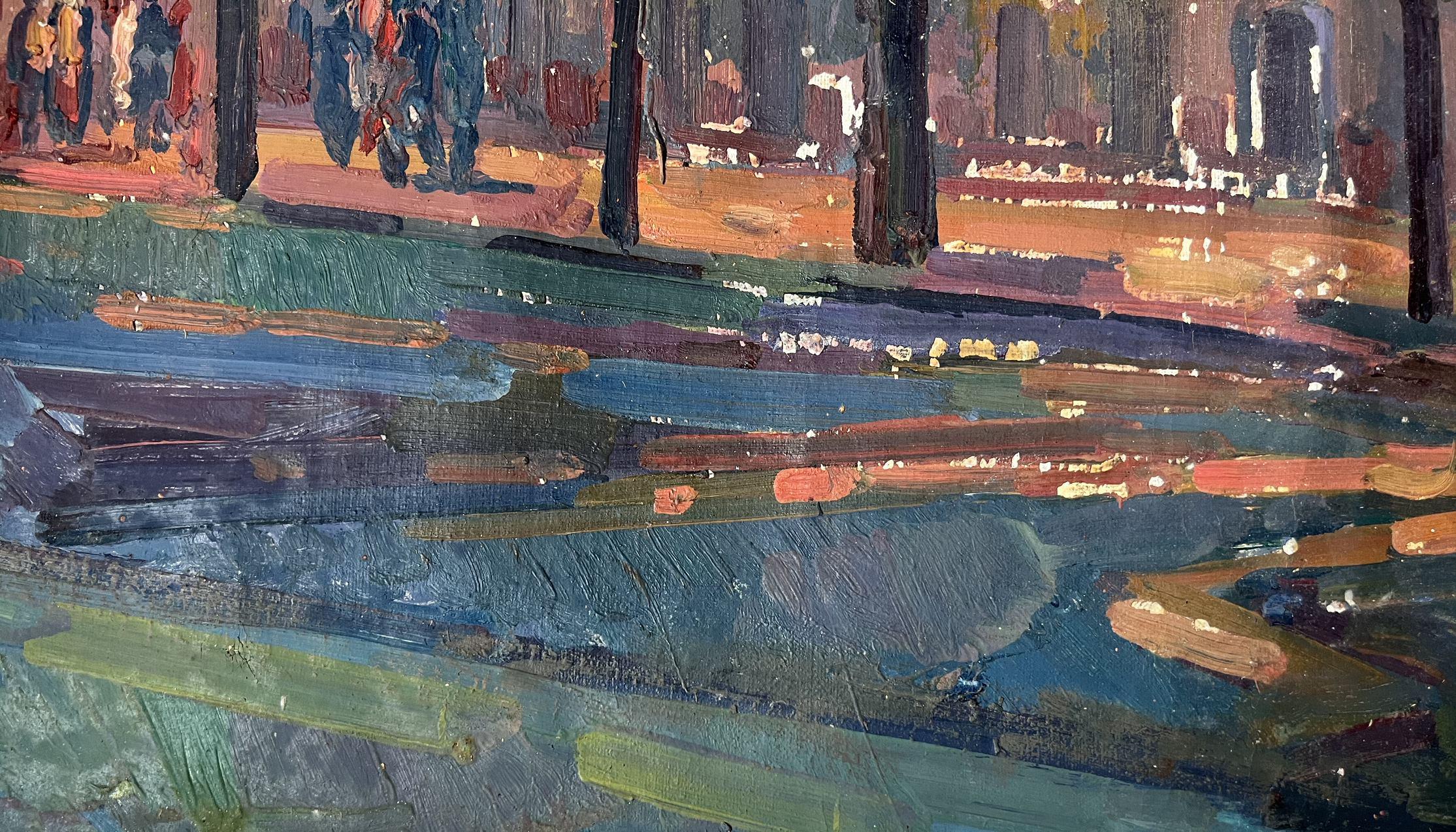 Abend in der Stadt, Impressionismus, Original-Ölgemälde, hängefertig (Grau), Landscape Painting, von Peter Tovpev