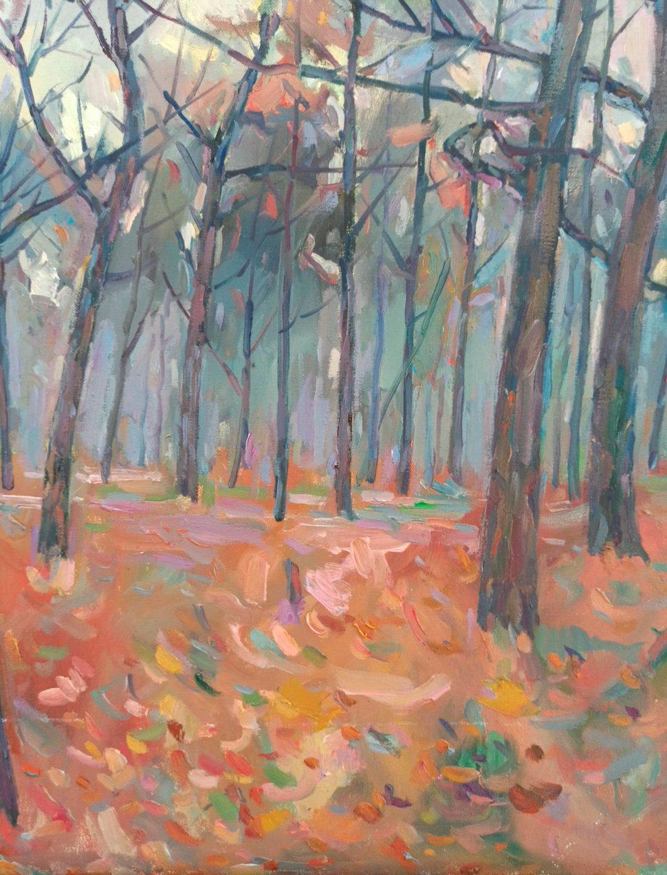 Artist: Peter Tovpev
Work: Original oil painting, handmade artwork, one of a kind 
Medium: Oil on Canvas 
Year: 2023
Style: Impressionism
Title: Forest landscape
Size: 27.5