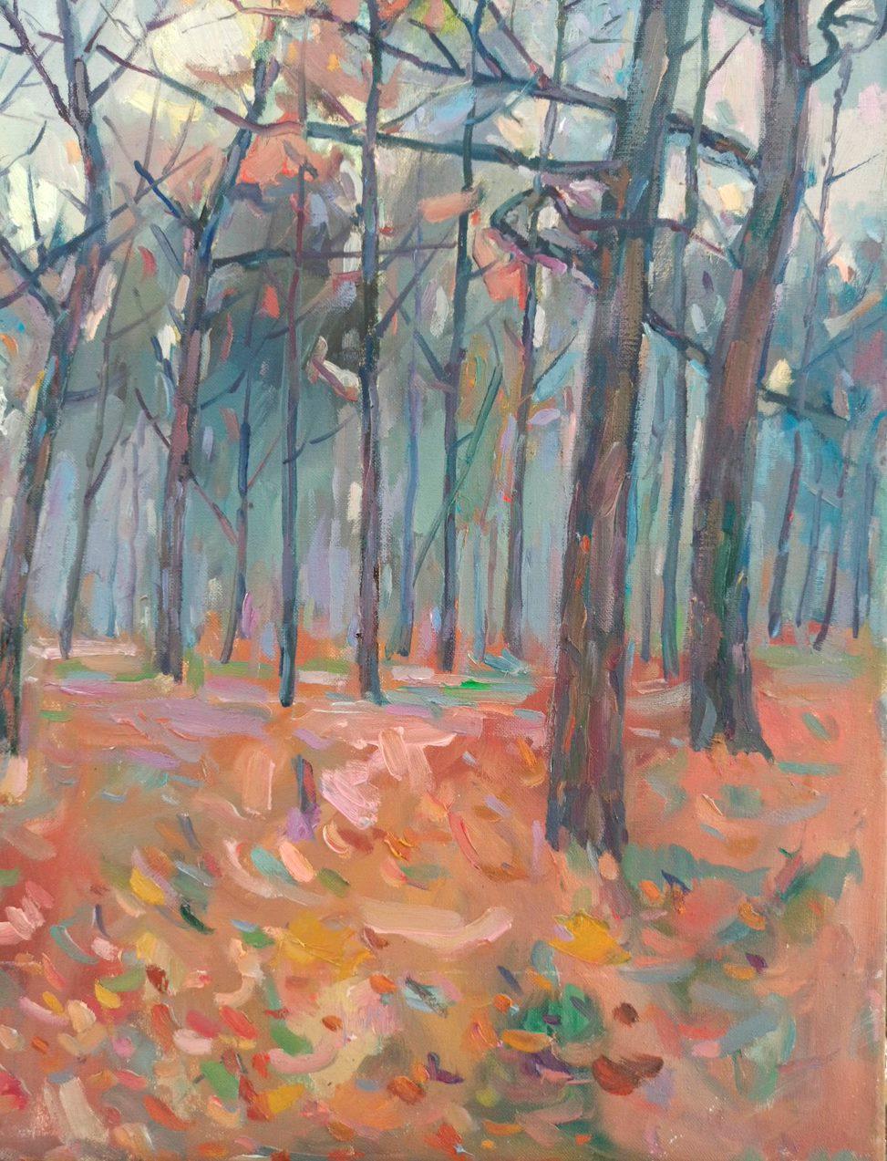Forest landscape, Impressionism, Original oil Painting, Ready to Hang - Brown Landscape Painting by Peter Tovpev