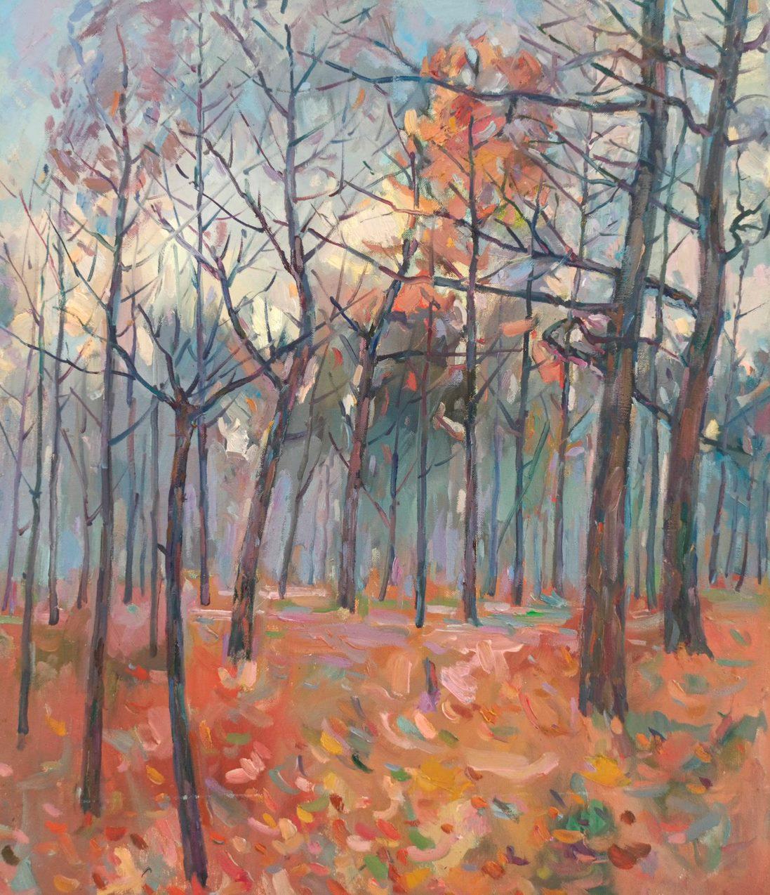 Landscape Painting di Peter Tovpev - Paesaggio forestale Impressionismo, Pittura ad olio originale, pronta da appendere