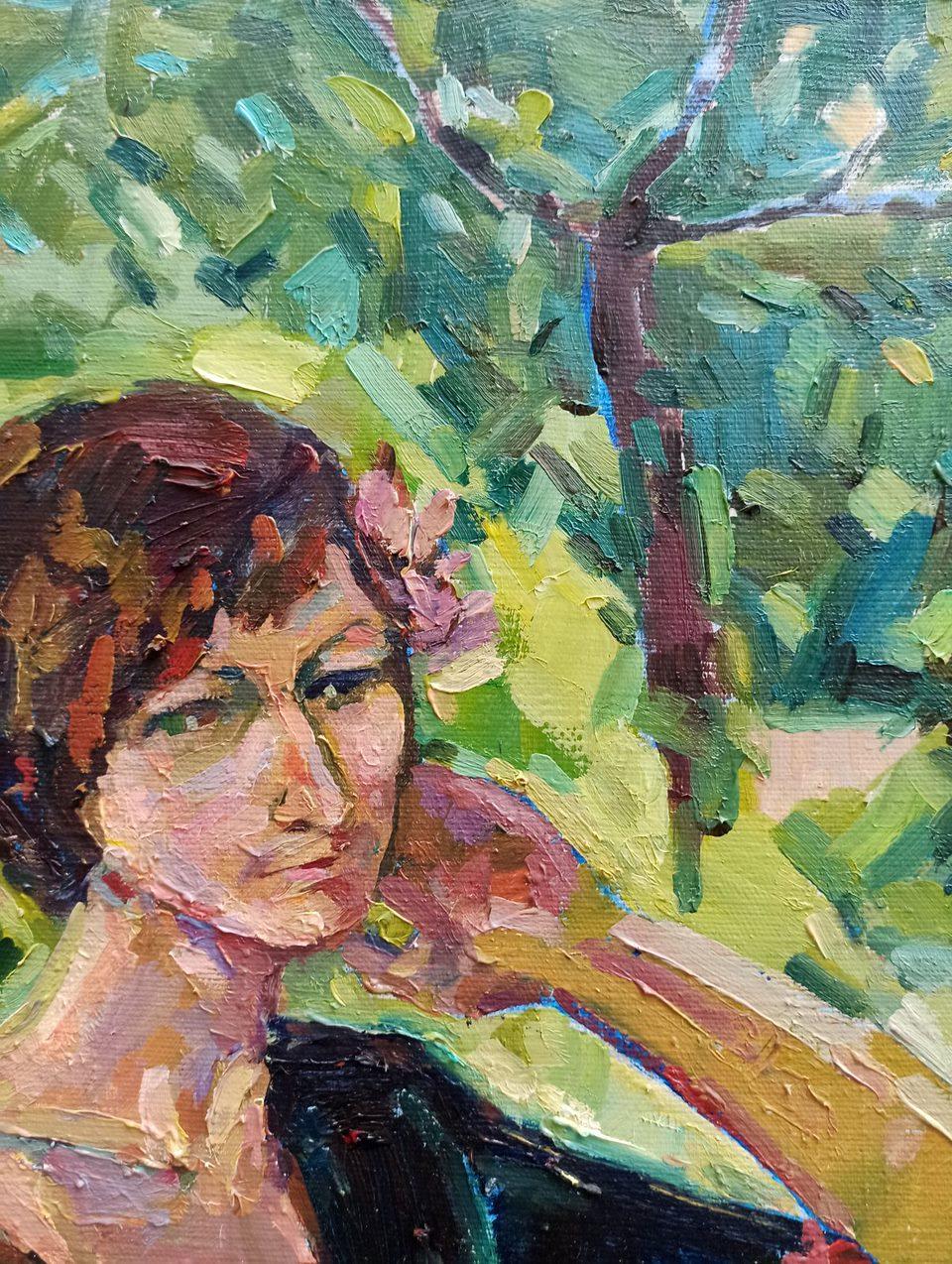 Ragazza in giardino, Pittura ad olio figurativa originale, pronta da appendere in vendita 2