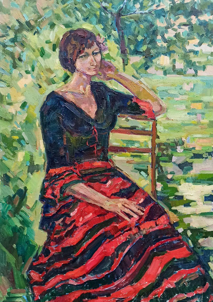 Peter Tovpev Figurative Painting - Girl in the Garden, Original oil Painting, Ready to Hang