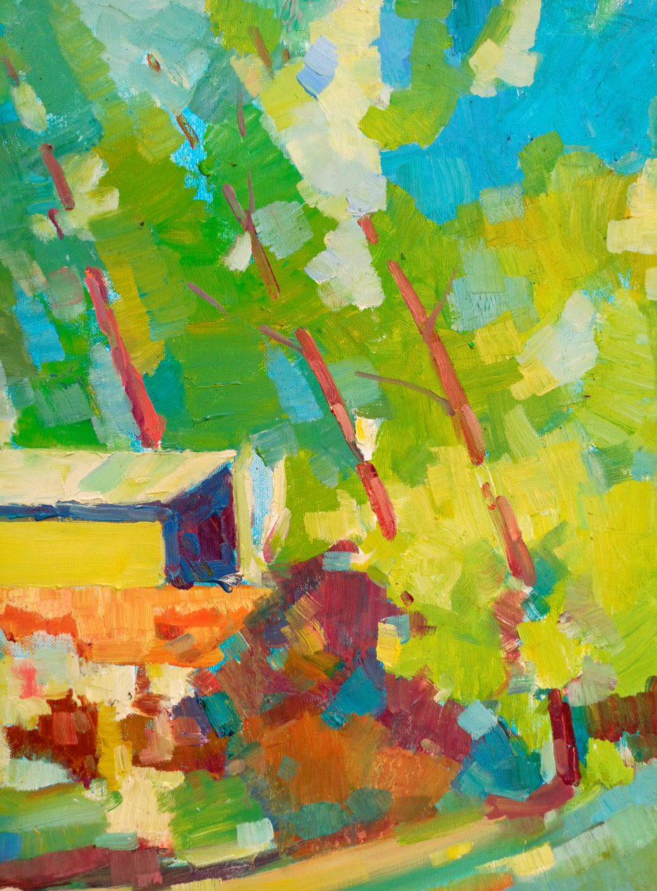 House in the Forest, impressionnisme, peinture à l'huile originale, prête à être accrochée - Marron Landscape Painting par Peter Tovpev