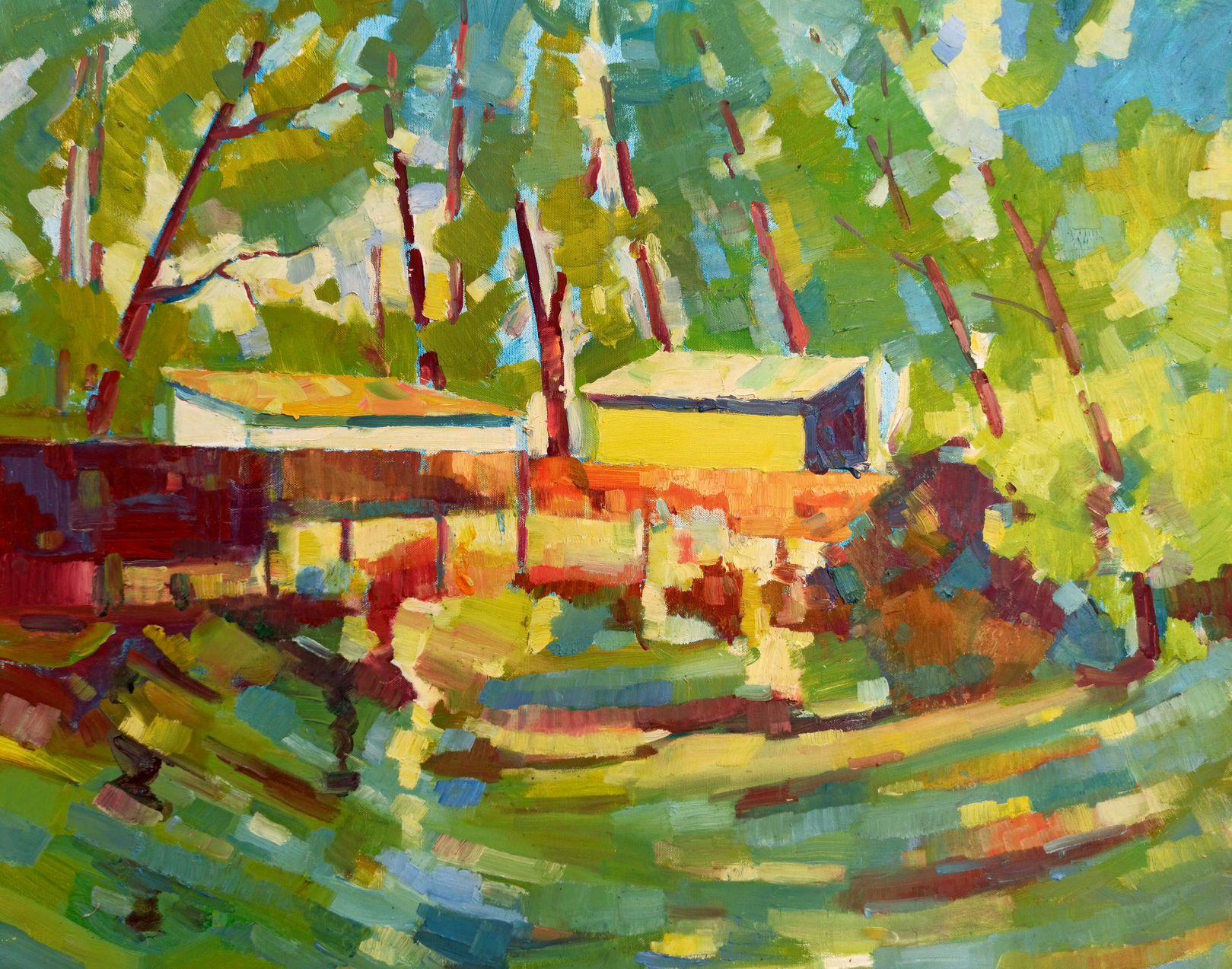Landscape Painting de Peter Tovpev - Casa en el bosque Paisaje Impresionismo Pintura al óleo original Lista para colgar