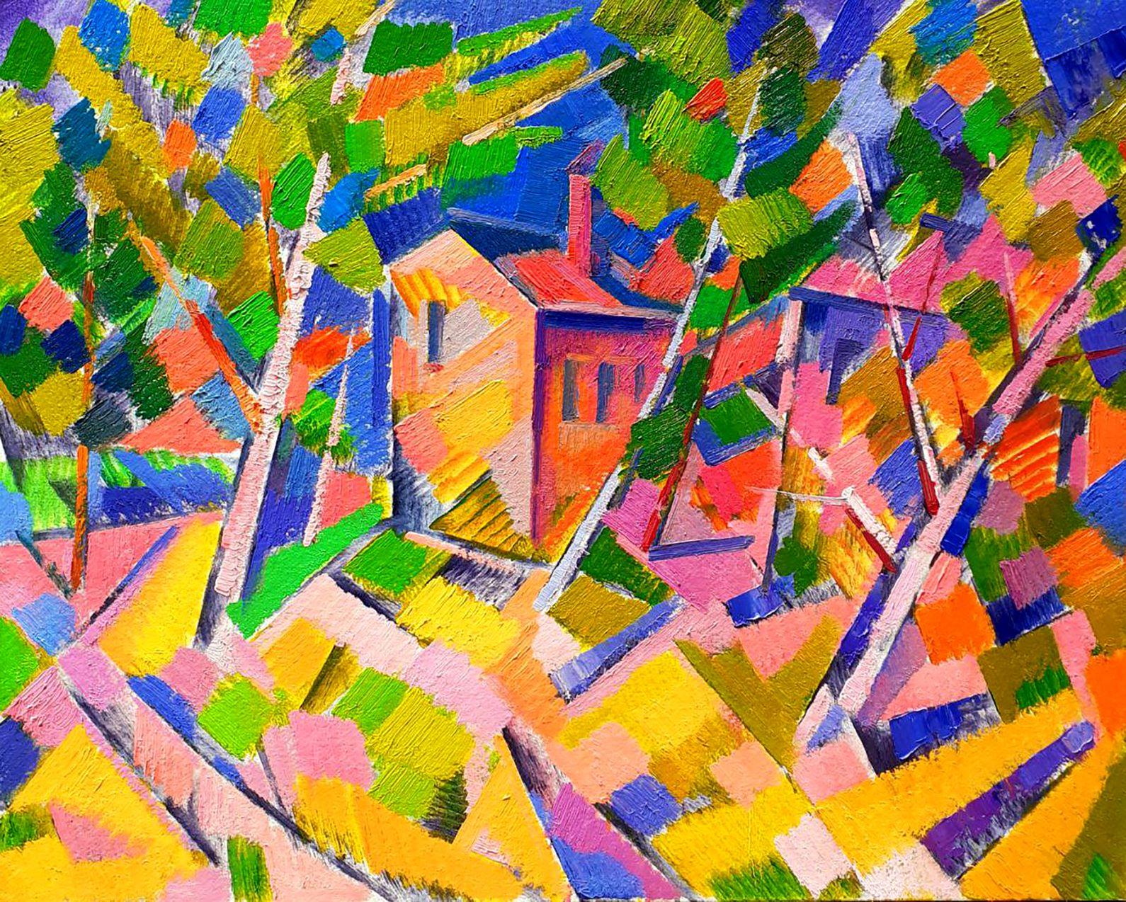Peter Tovpev Landscape Painting - Houses in the Forest, Pablo Picasso, Cubism Original oil Painting, Ready to Hang