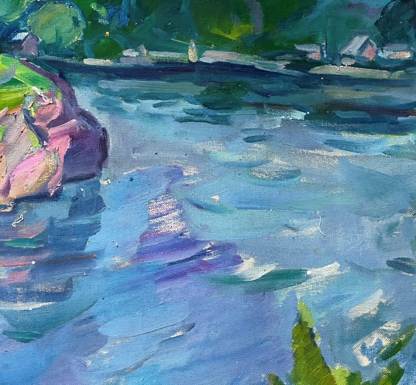 Seeansicht, Postimpressionismus Paul Cézanne Original Ölgemälde, hängefertig (Grau), Landscape Painting, von Peter Tovpev