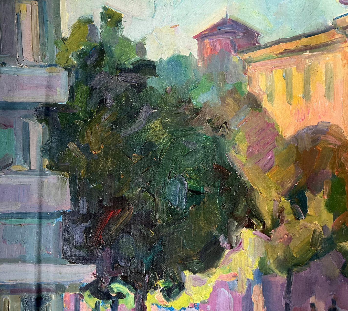 Artist: Peter Tovpev
Work: Original oil painting, handmade artwork, one of a kind 
Medium: Oil on Canvas 
Year: 2009
Style: Impressionism
Title: Morning in the City
Size: 25.5