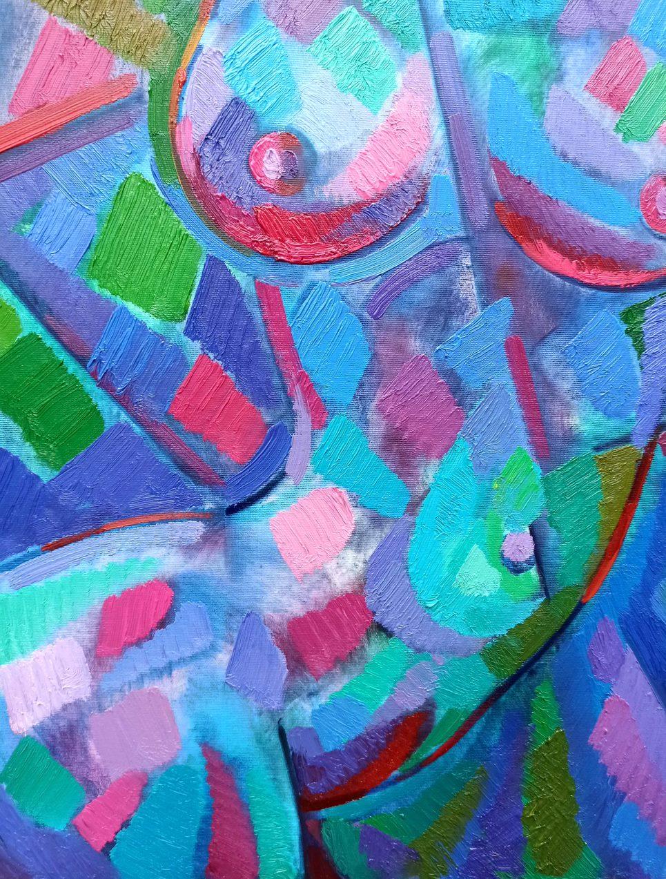 Ragazza nuda, Pittura ad olio originale, pronta da appendere - Figurative Painting Blu di Peter Tovpev